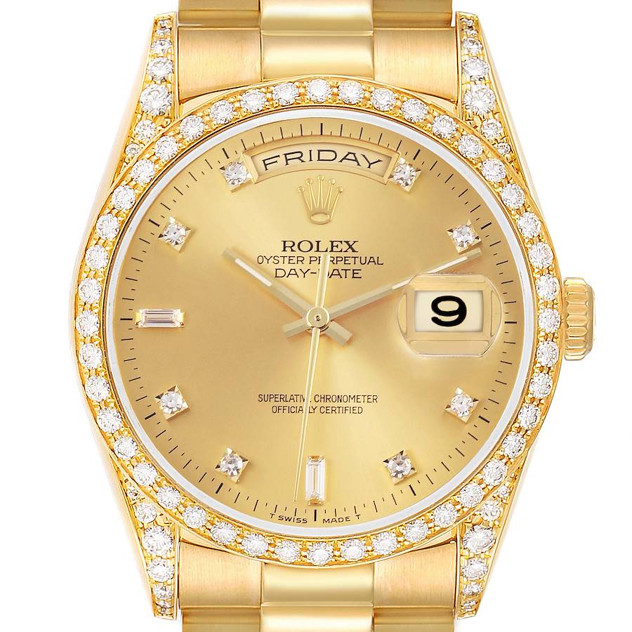 The Rolex President model is shown from the front, featuring the dial, bezel, and part of the bracelet.