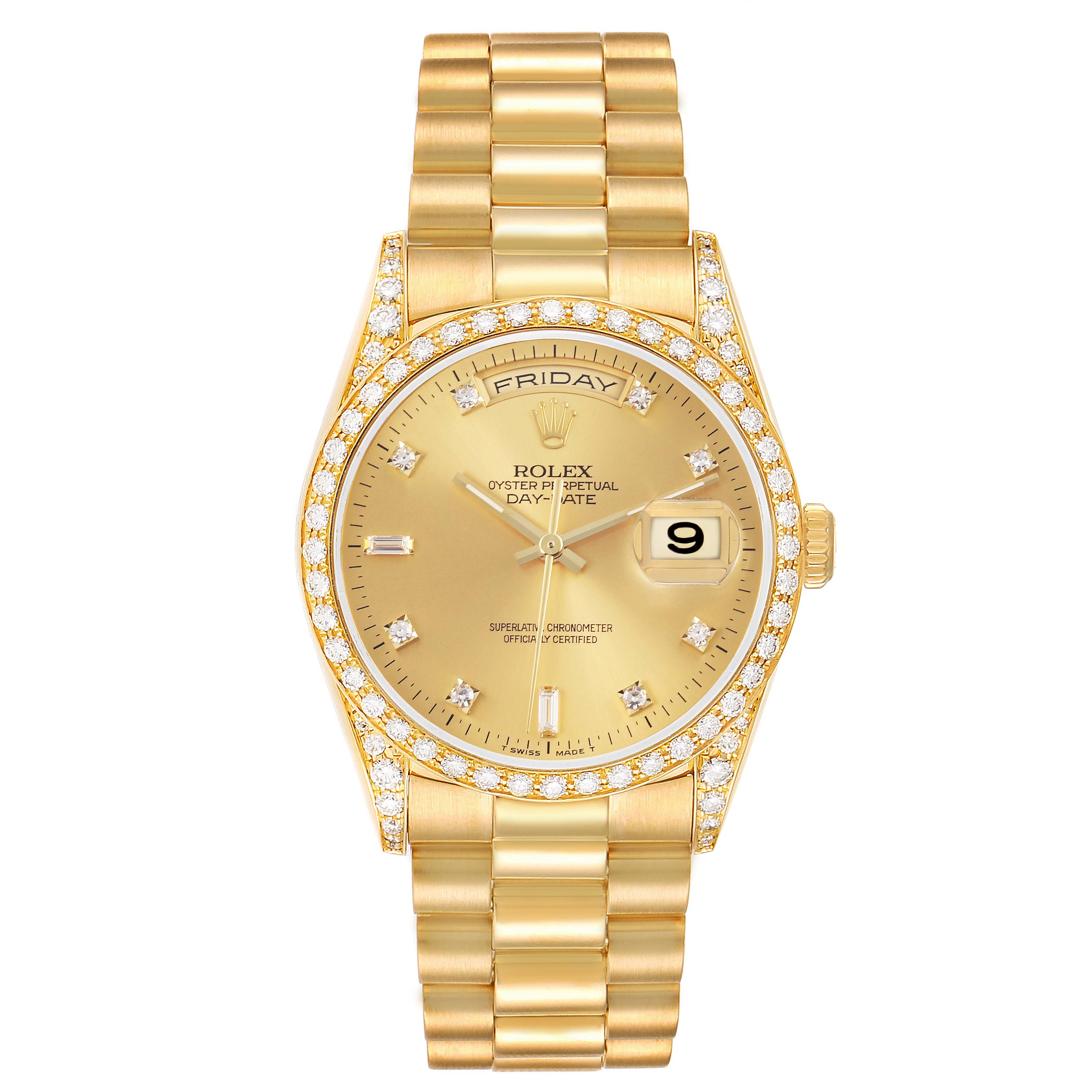 The Rolex President 18388 Men's Yellow Gold Champagne Dial 18388 Men's Yellow Gold Champagne Dial model watch is shown from a top-down angle, displaying the dial, bezel, and bracelet.