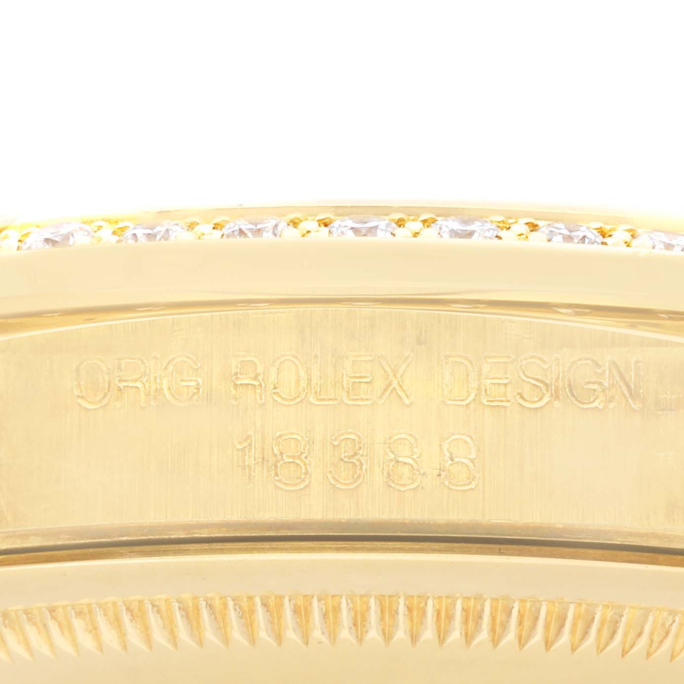 The image shows a side view of the Rolex President 18388 Men's Yellow Gold Champagne Dial 18388 Men's Yellow Gold Champagne Dial model, highlighting the engravings on its gold case.