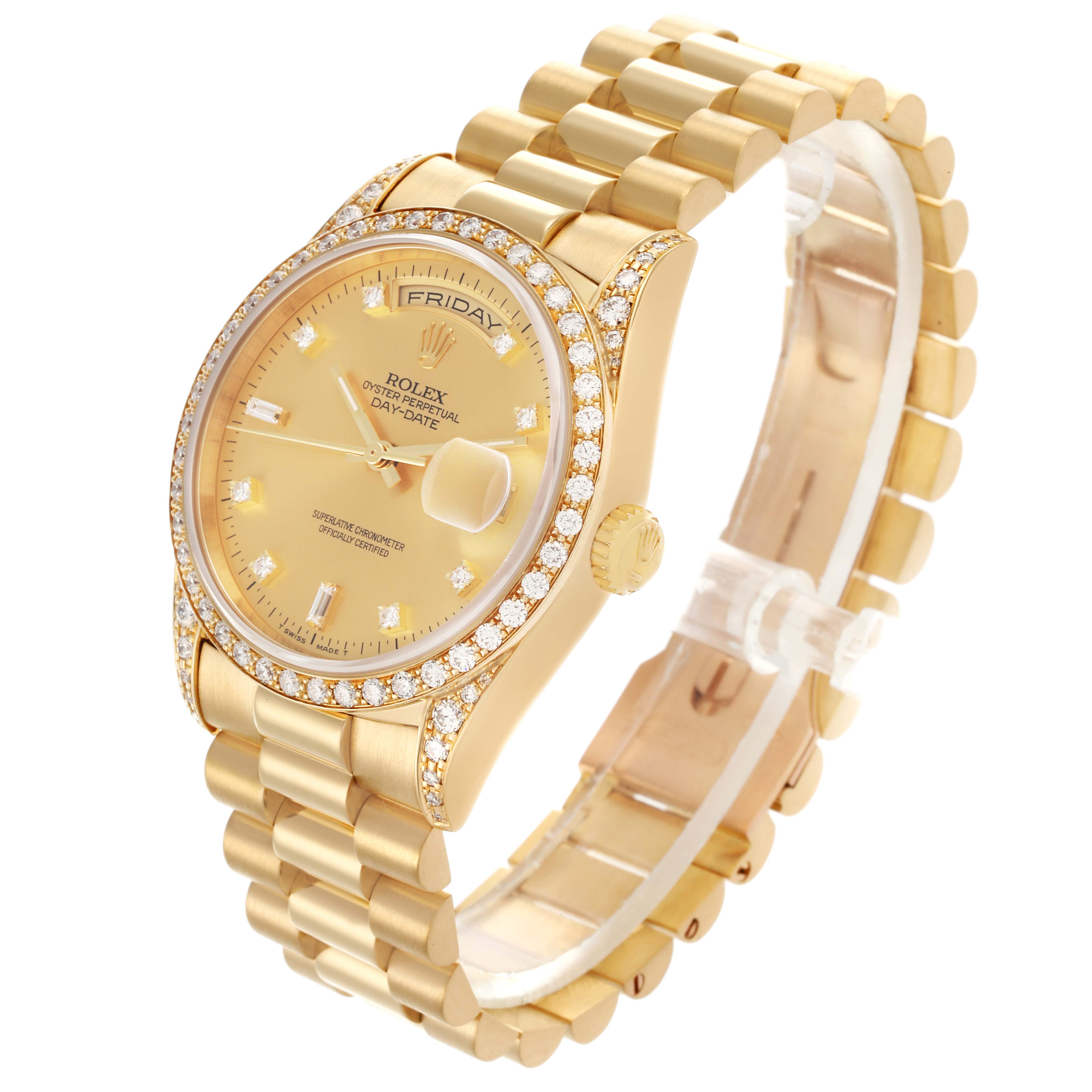 The Rolex President 18388 Men's Yellow Gold Champagne Dial 18388 Men's Yellow Gold Champagne Dial model is shown at an oblique angle, highlighting the face, bezel, bracelet, and crown.