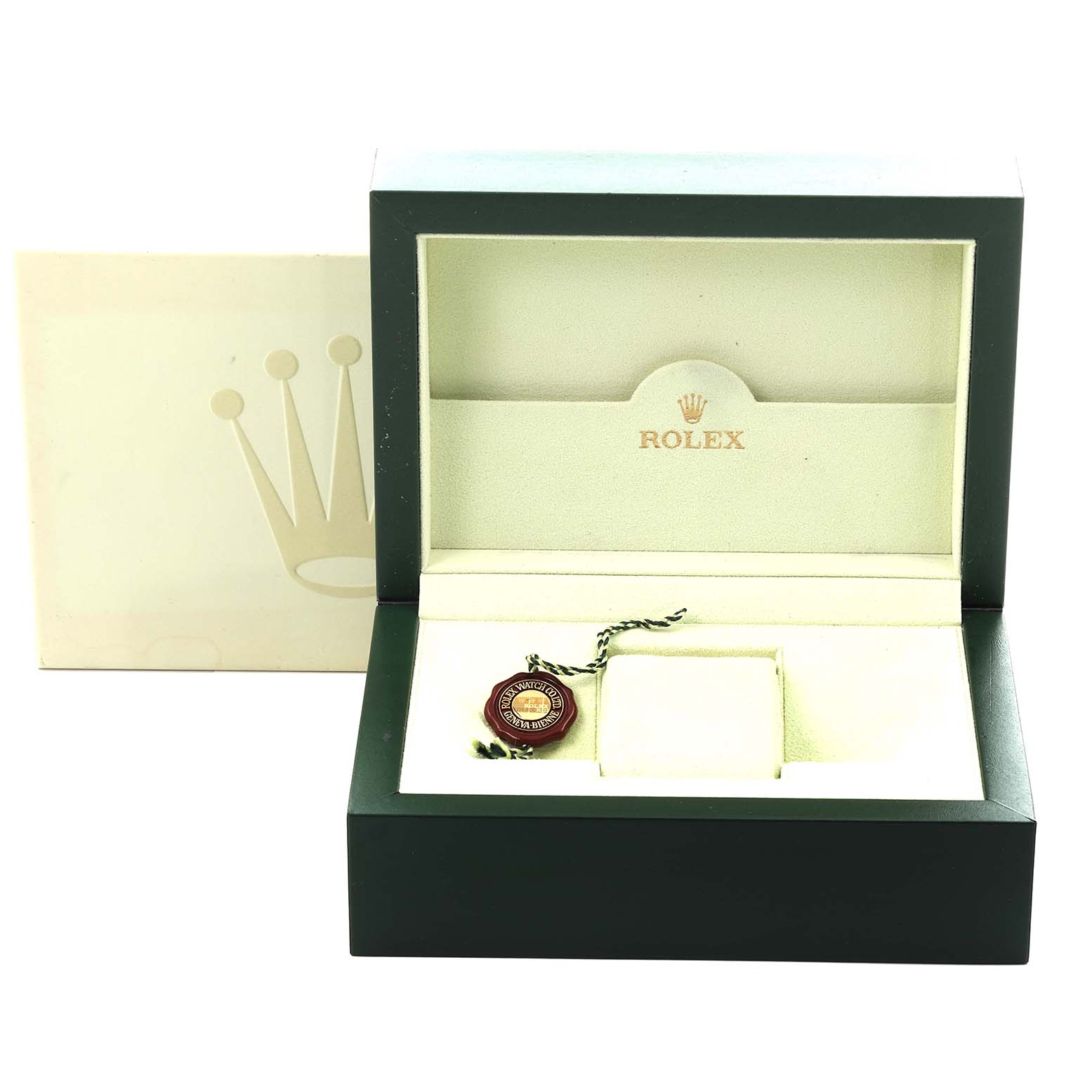 The image shows an open box for the Rolex President 18388 Men's Yellow Gold Champagne Dial 18388 Men's Yellow Gold Champagne Dial model, displaying interior compartments and a tag, viewed from the front.