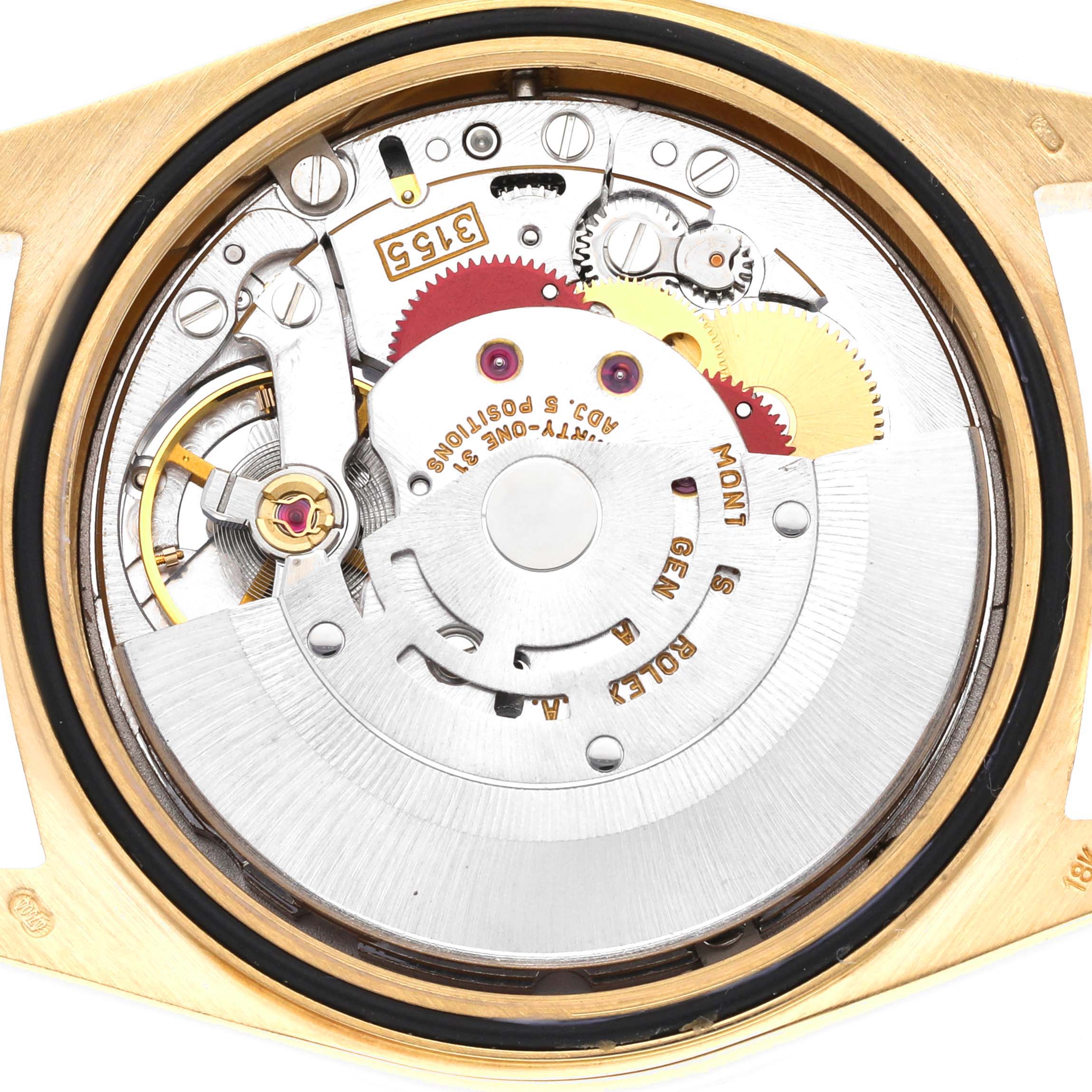 The image shows the back view of the Rolex President 18388 Men's Yellow Gold Champagne Dial 18388 Men's Yellow Gold Champagne Dial model, displaying the movement and internal components.