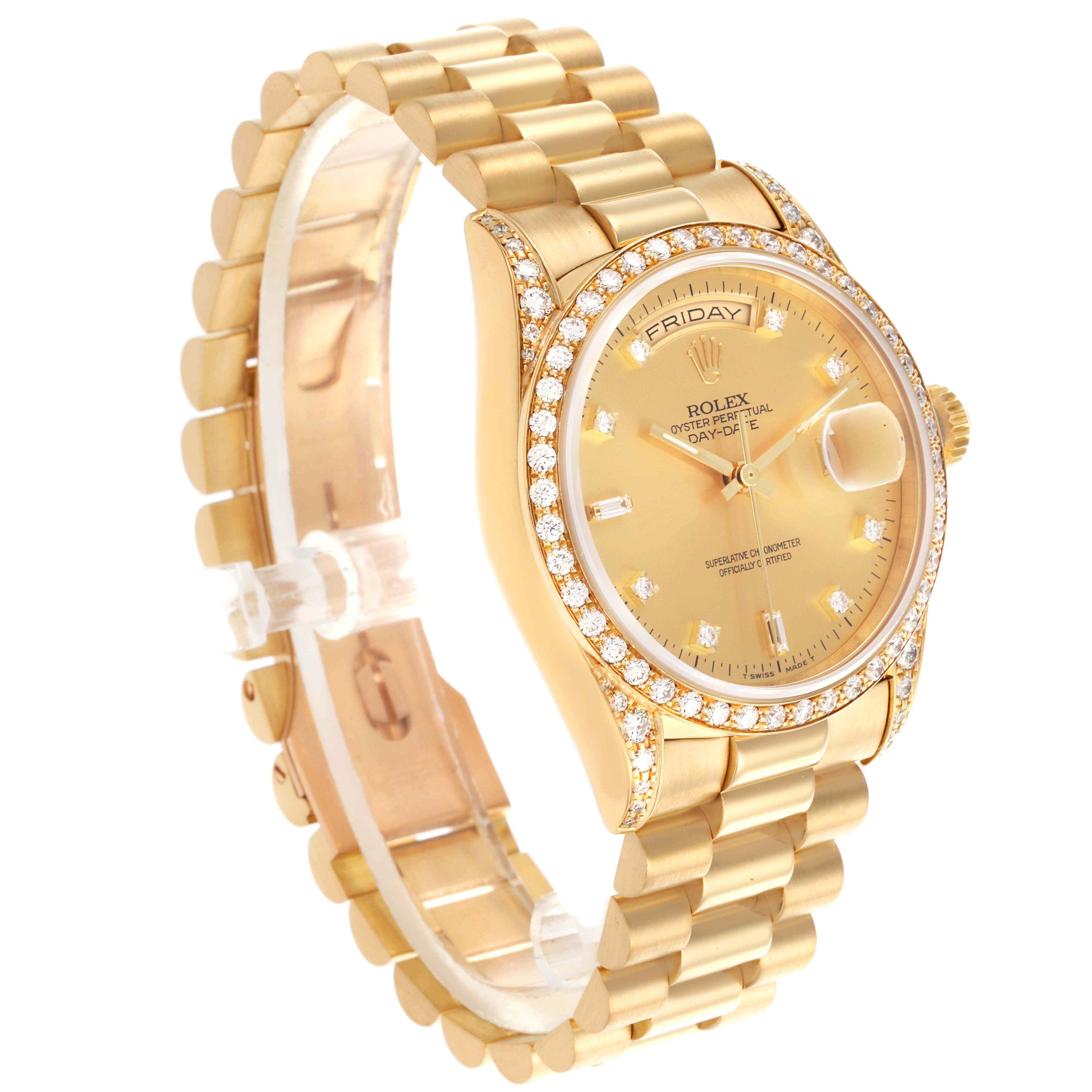 The Rolex President 18388 Men's Yellow Gold Champagne Dial 18388 Men's Yellow Gold Champagne Dial model is shown at a three-quarter angle, highlighting the face, bracelet, and diamond bezel.
