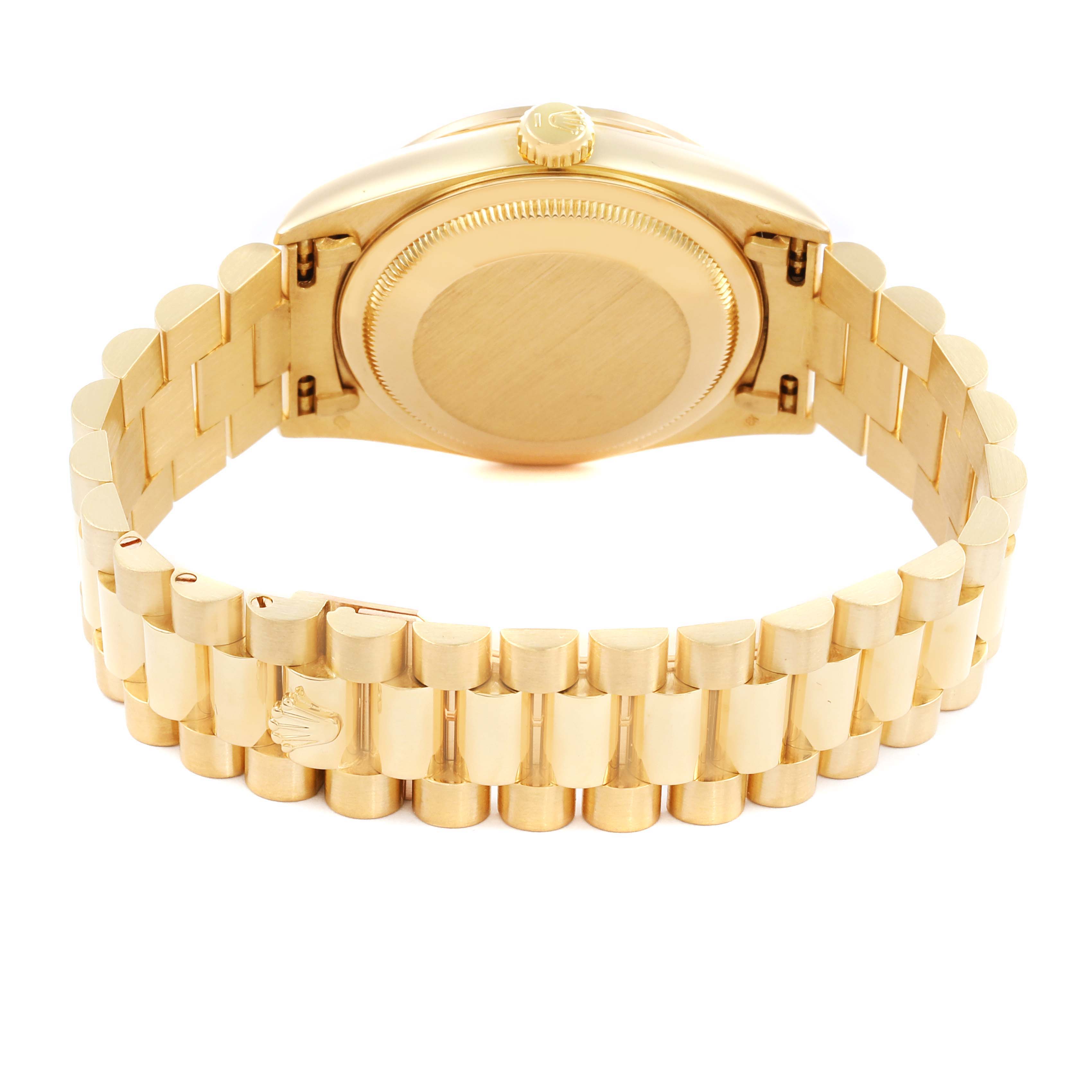 The image shows the back view of a Rolex President 18388 Men's Yellow Gold Champagne Dial 18388 Men's Yellow Gold Champagne Dial model watch focusing on the bracelet and case back.