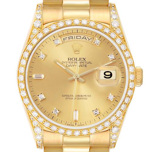 The Rolex President watch is shown from a top-down angle, highlighting the gold dial, bezel with diamonds, and part of the band.