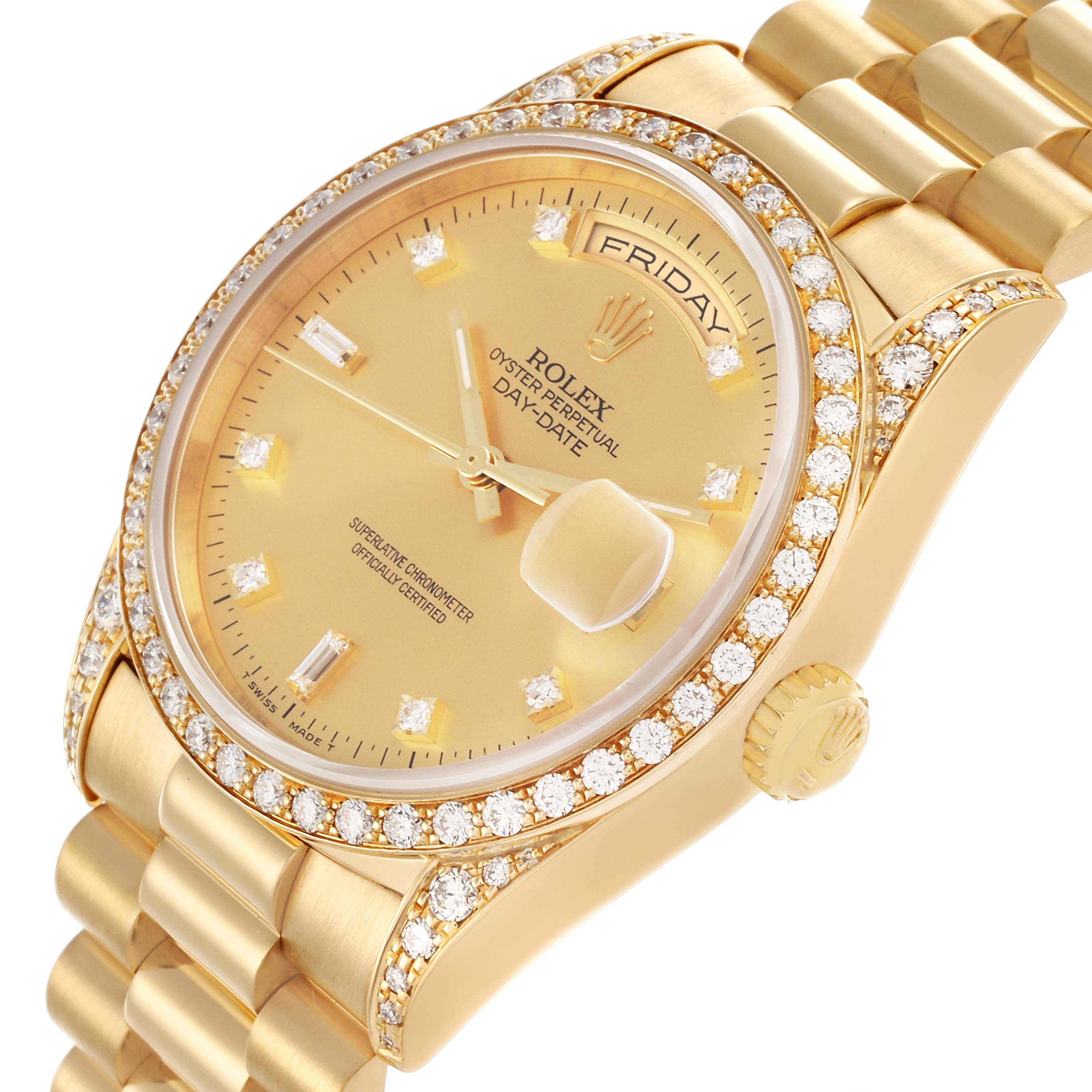 The image shows a side angle of the Rolex President 18388 Men's Yellow Gold Champagne Dial 18388 Men's Yellow Gold Champagne Dial watch, detailing the gold case, diamond-set bezel, and bracelet links.