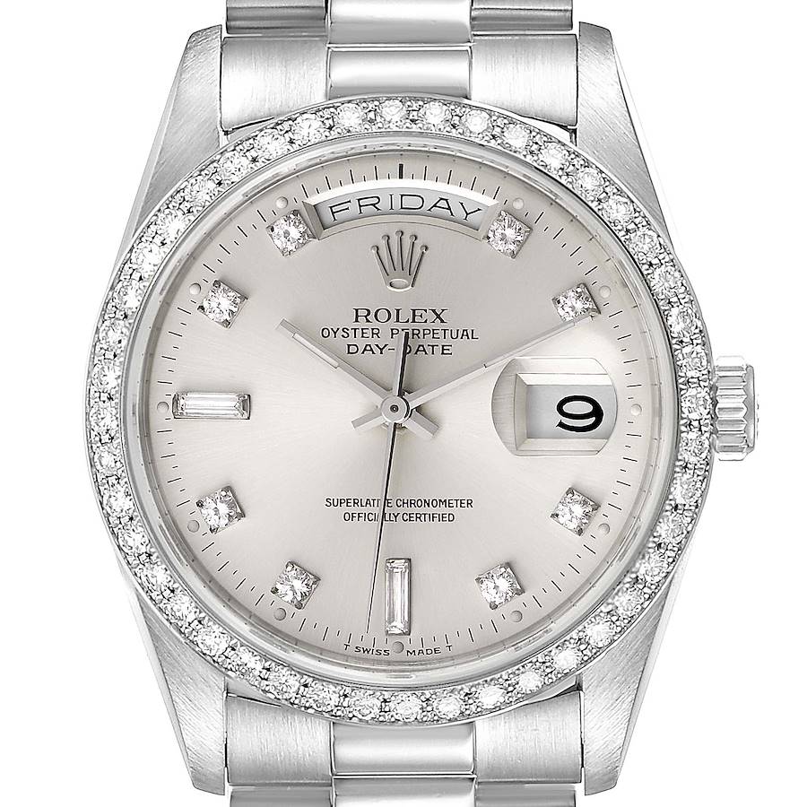 Rolex President Day-Date Silver Dial Platinum Diamond Mens Watch 18346 SwissWatchExpo
