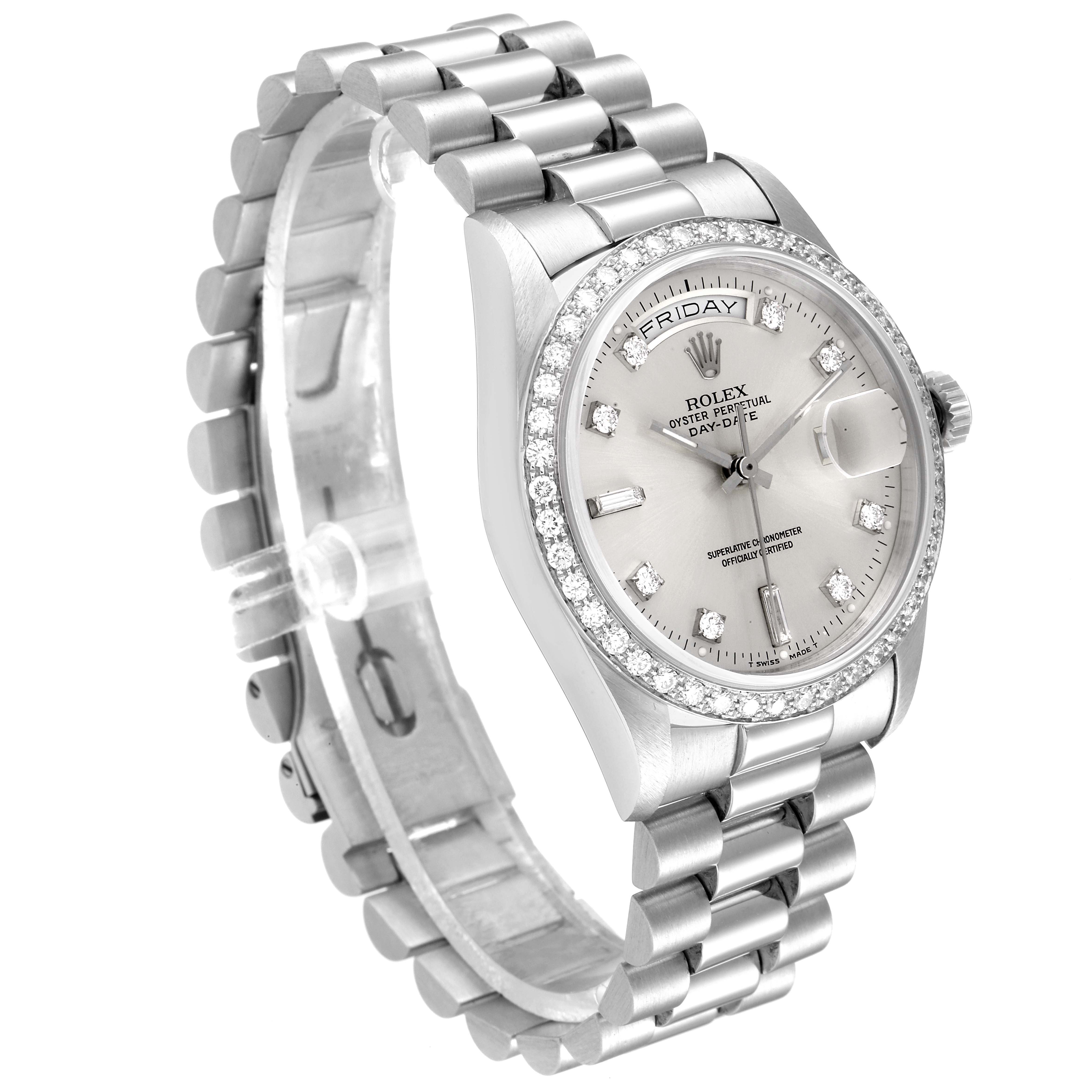 The image shows a Rolex President 18346 Men's Platinum Silver Dial 18346 Men's Platinum Silver Dial watch model from a three-quarter angle, highlighting its dial, bezel, bracelet, and crown.