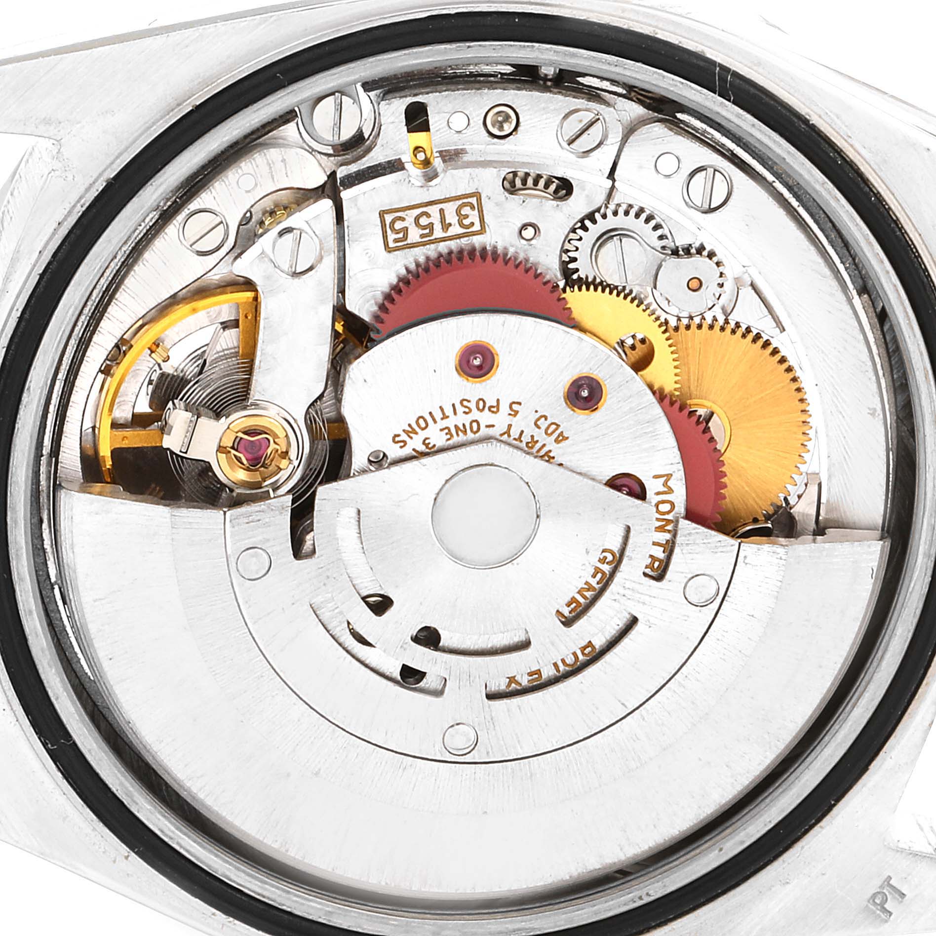 This is a close-up shot of the movement and internal mechanism of the Rolex President 18346 Men's Platinum Silver Dial 18346 Men's Platinum Silver Dial model watch.