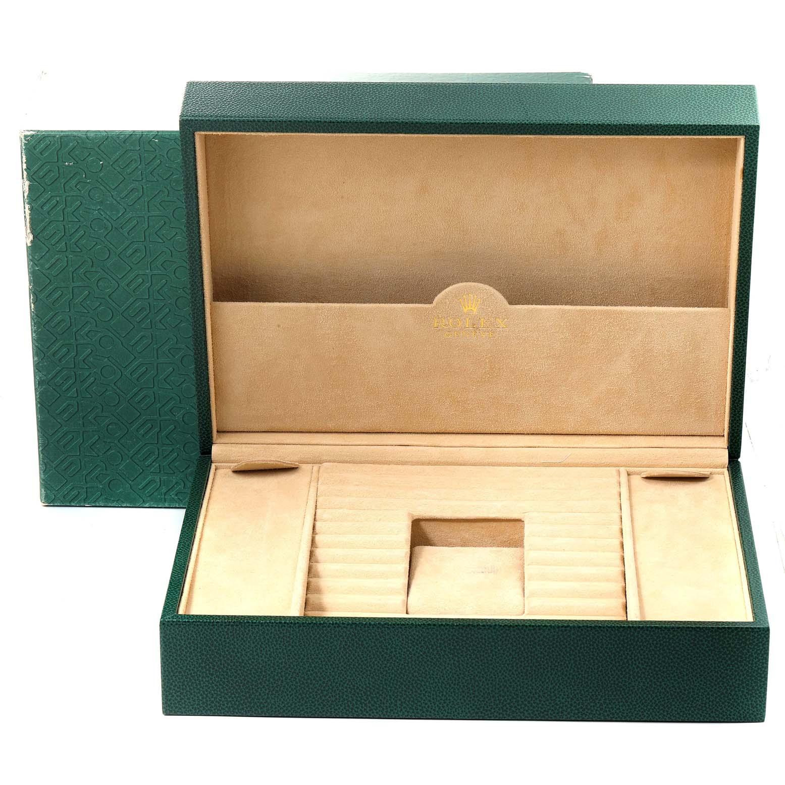 This image shows an open green Rolex box for the President model, revealing its beige interior designed for storing the watch.