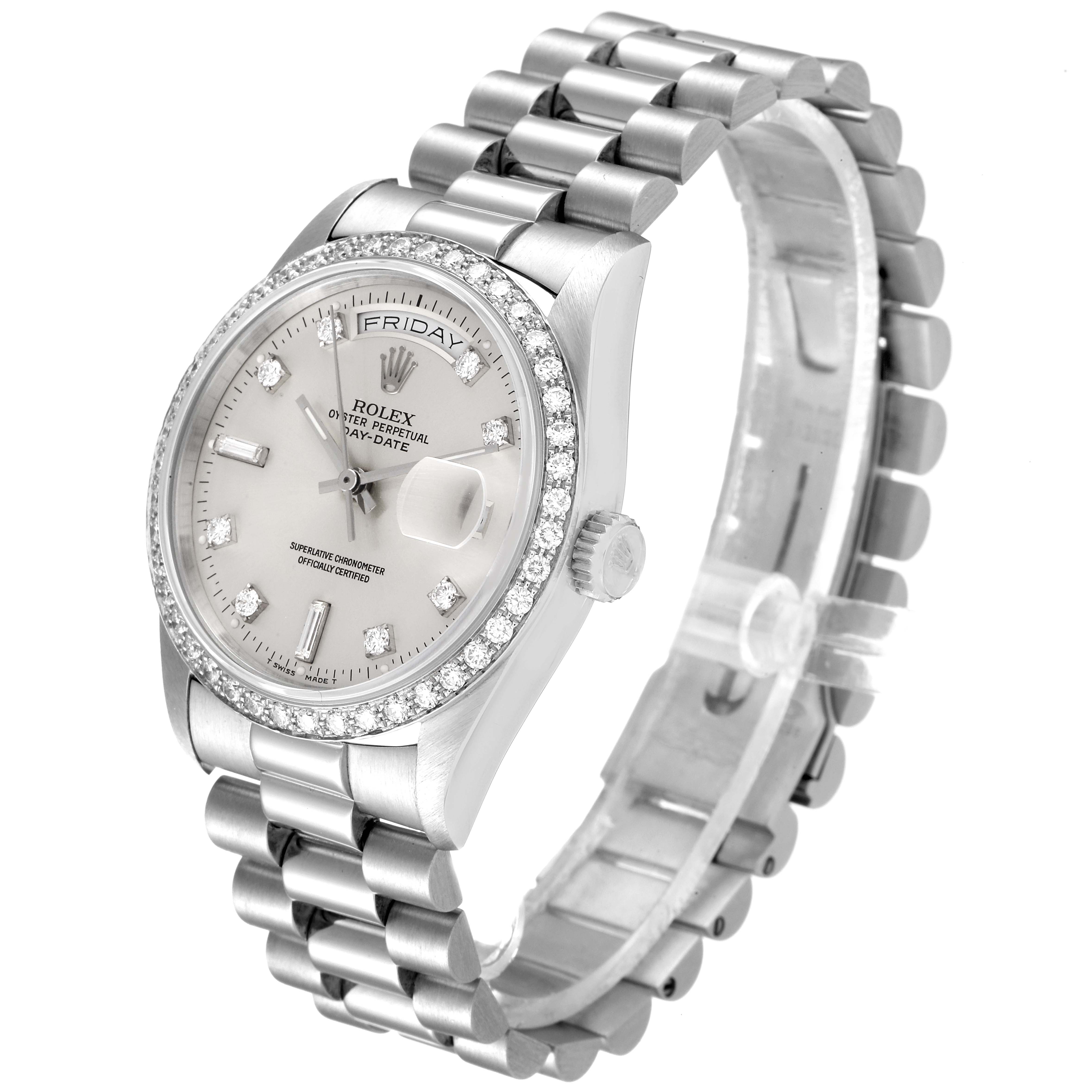The image shows a side-angle view of the Rolex President 18346 Men's Platinum Silver Dial 18346 Men's Platinum Silver Dial model watch, highlighting the face, bezel, crown, and bracelet.