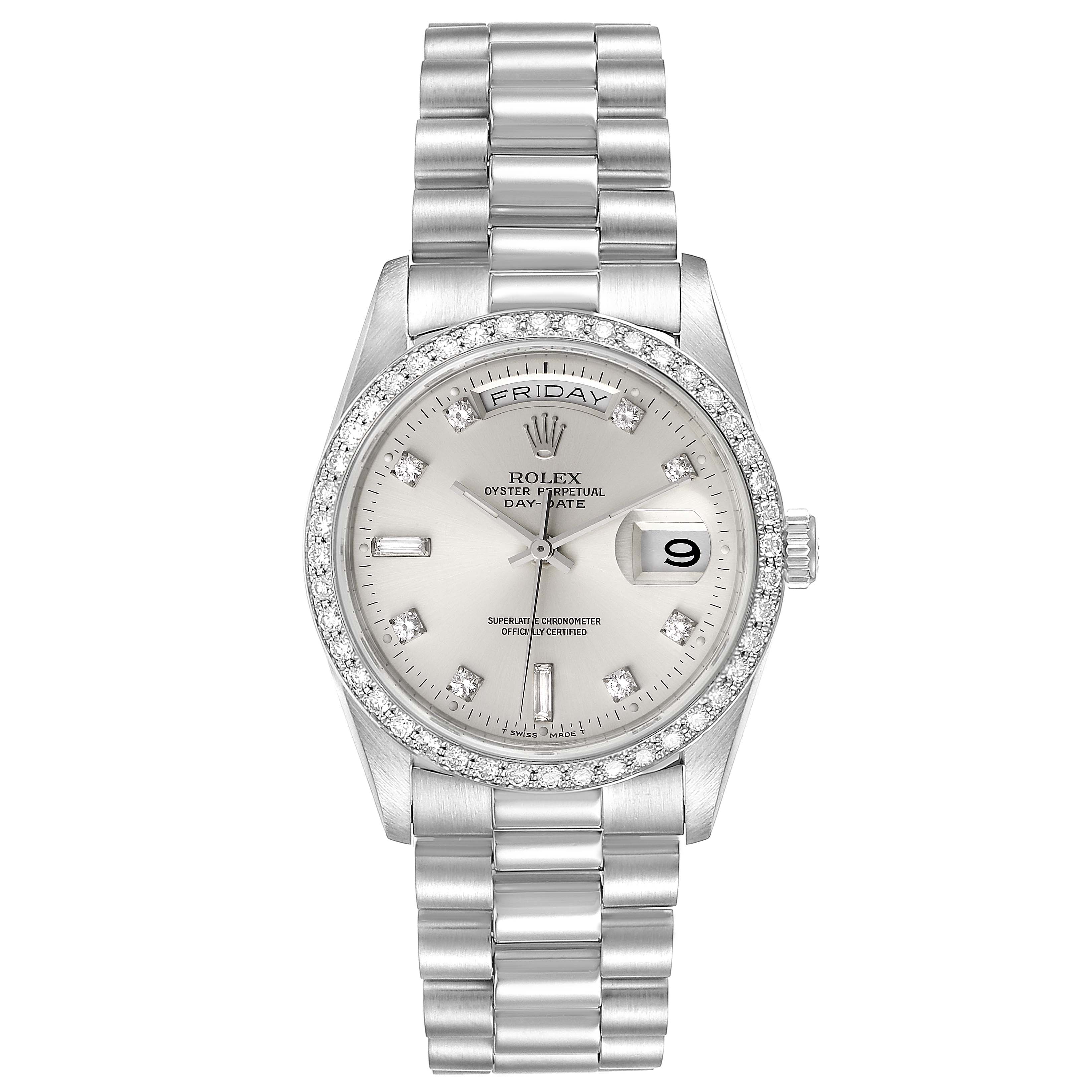 The image shows a front view of the Rolex President 18346 Men's Platinum Silver Dial 18346 Men's Platinum Silver Dial model watch, highlighting the dial, bezel, and bracelet.