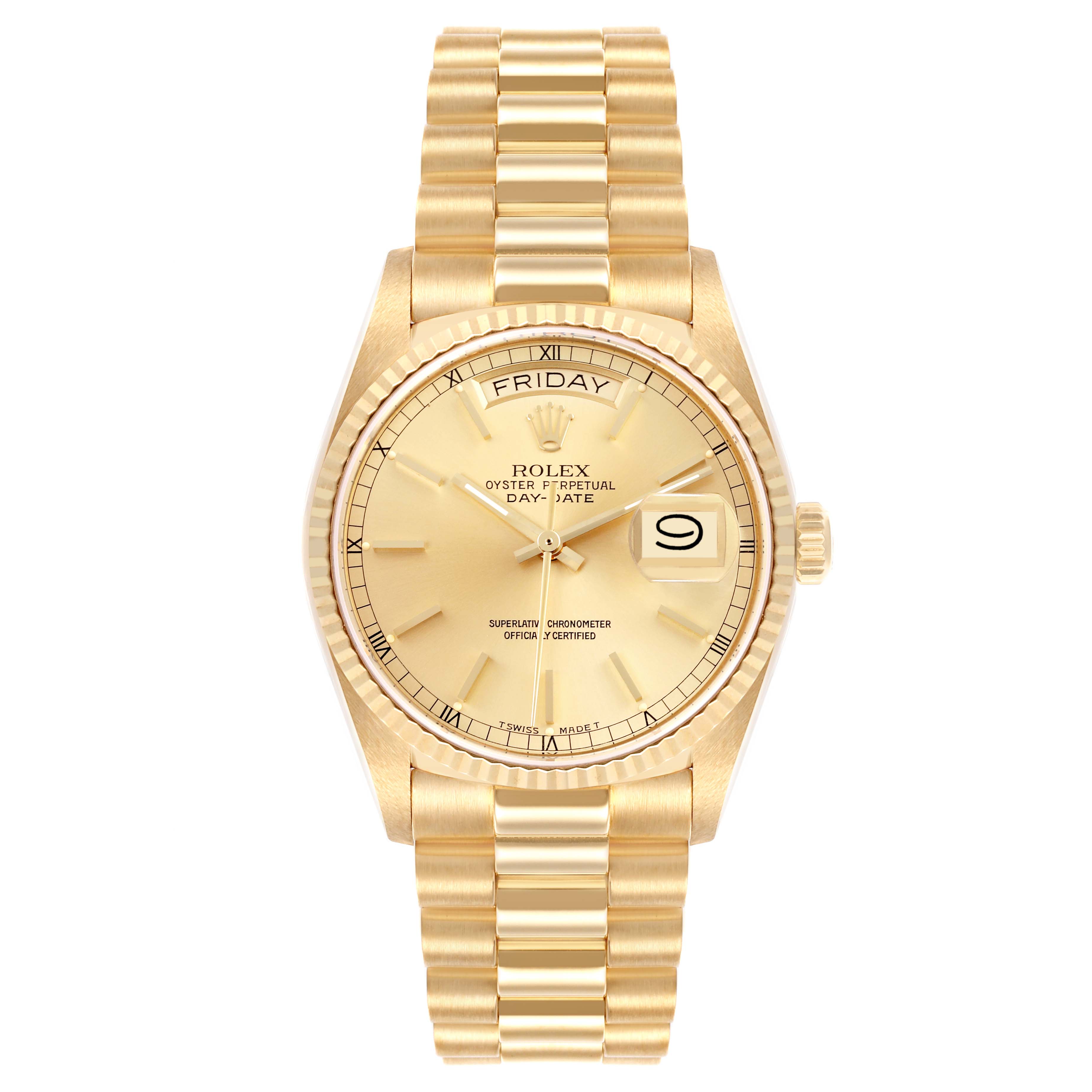 The Rolex President 18038 Men
s Yellow Gold Champagne Dial 18038 Men
s Yellow Gold Champagne Dial model is shown from a top view, displaying the watch face, bracelet, bezel, and dial details.