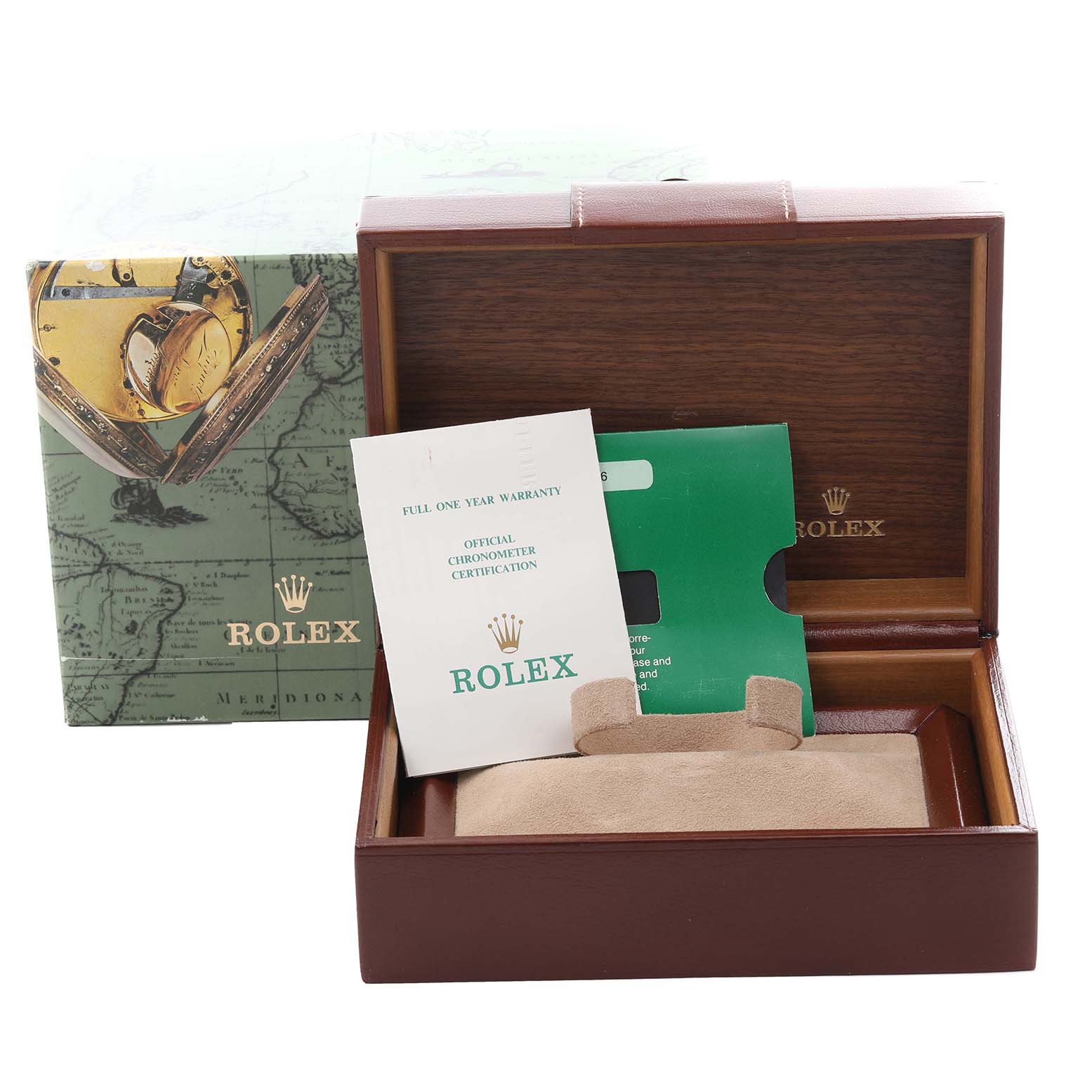 The Rolex President 18038 Men
s Yellow Gold Champagne Dial 18038 Men
s Yellow Gold Champagne Dial model packaging shows the box, manual, and warranty card.