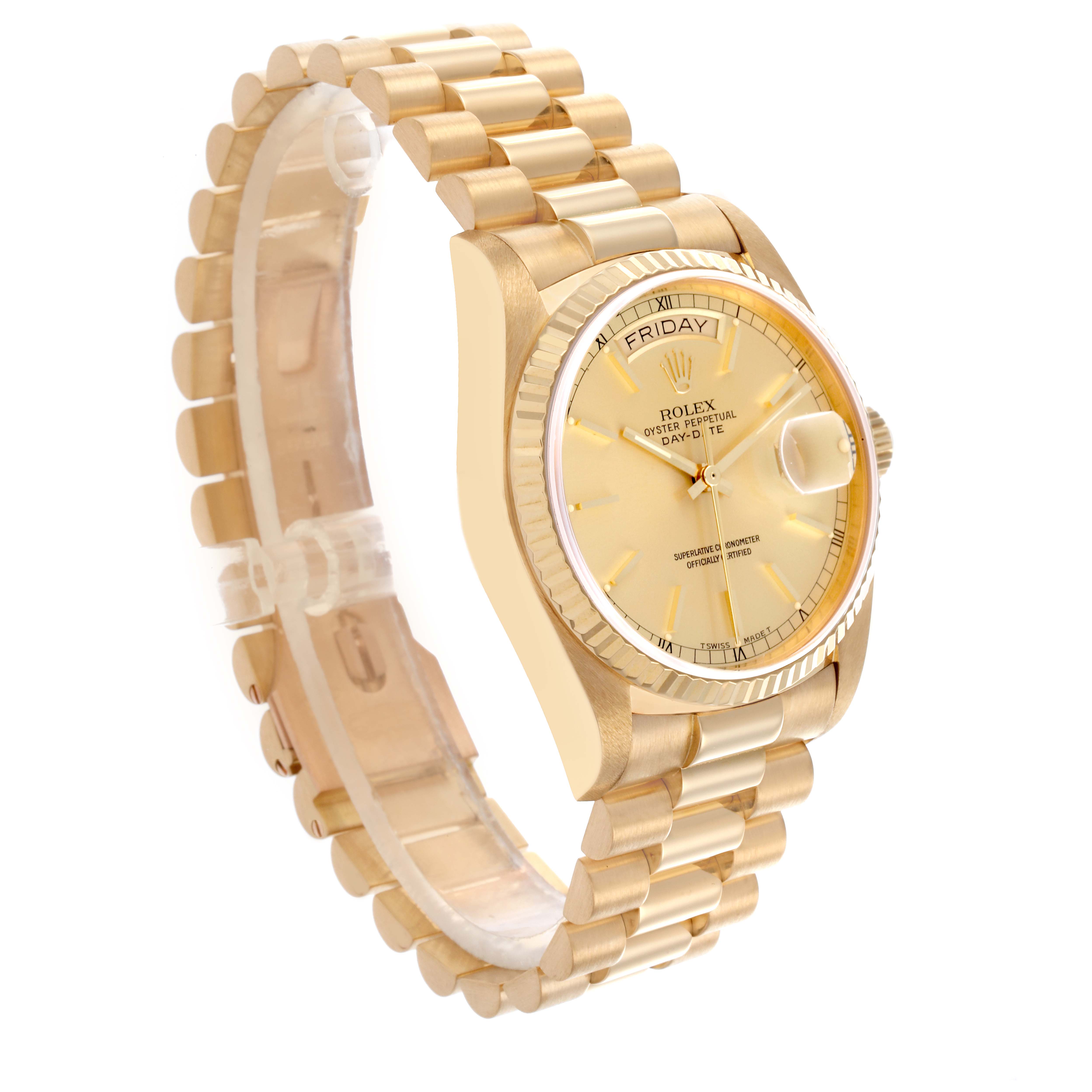 The Rolex President 18038 Men
s Yellow Gold Champagne Dial 18038 Men
s Yellow Gold Champagne Dial model is shown at a slight angle, highlighting the bracelet, bezel, dial, and crown.