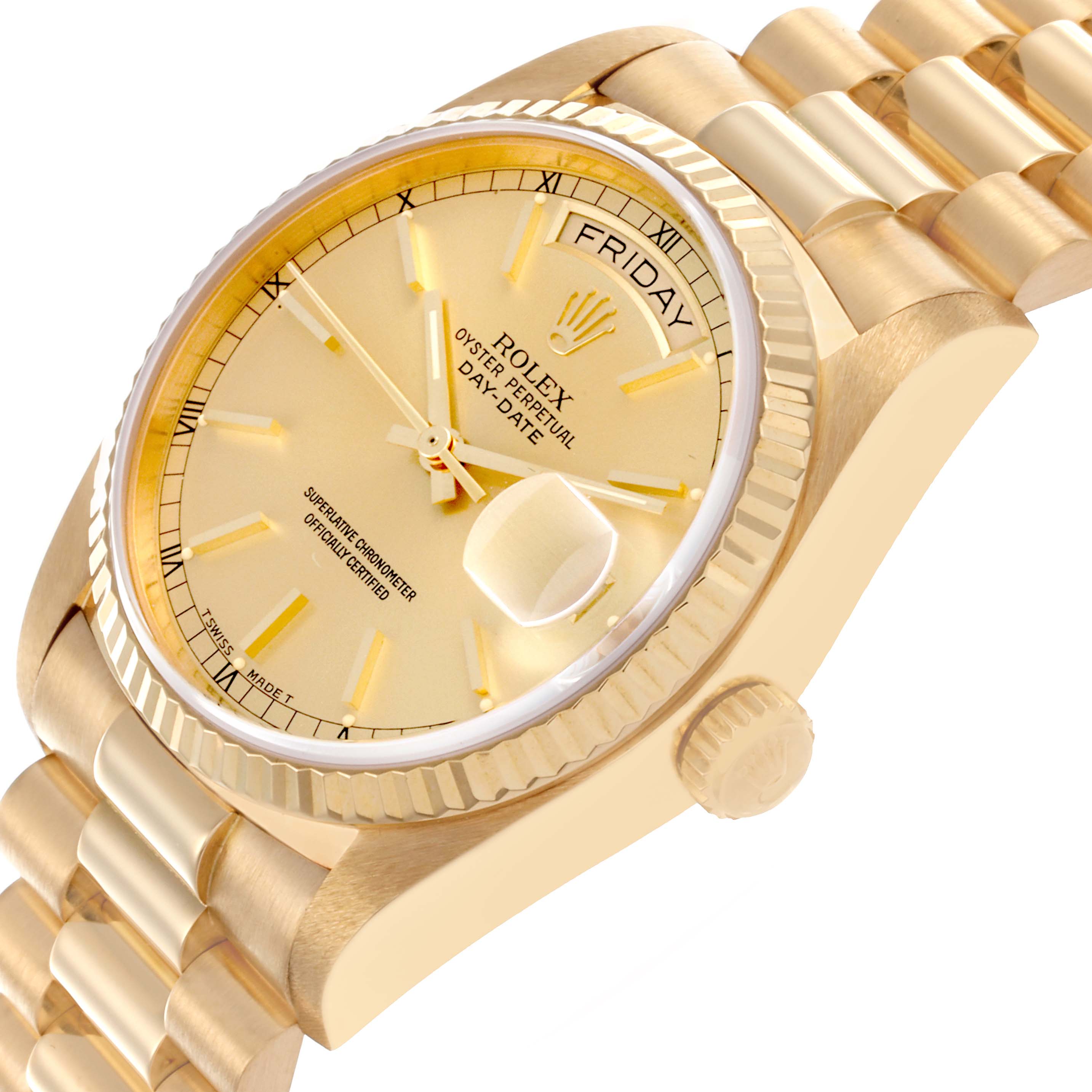 The Rolex President 18038 Men
s Yellow Gold Champagne Dial 18038 Men
s Yellow Gold Champagne Dial model is shown at an angled view, displaying the dial, bezel, crown, and part of the bracelet.