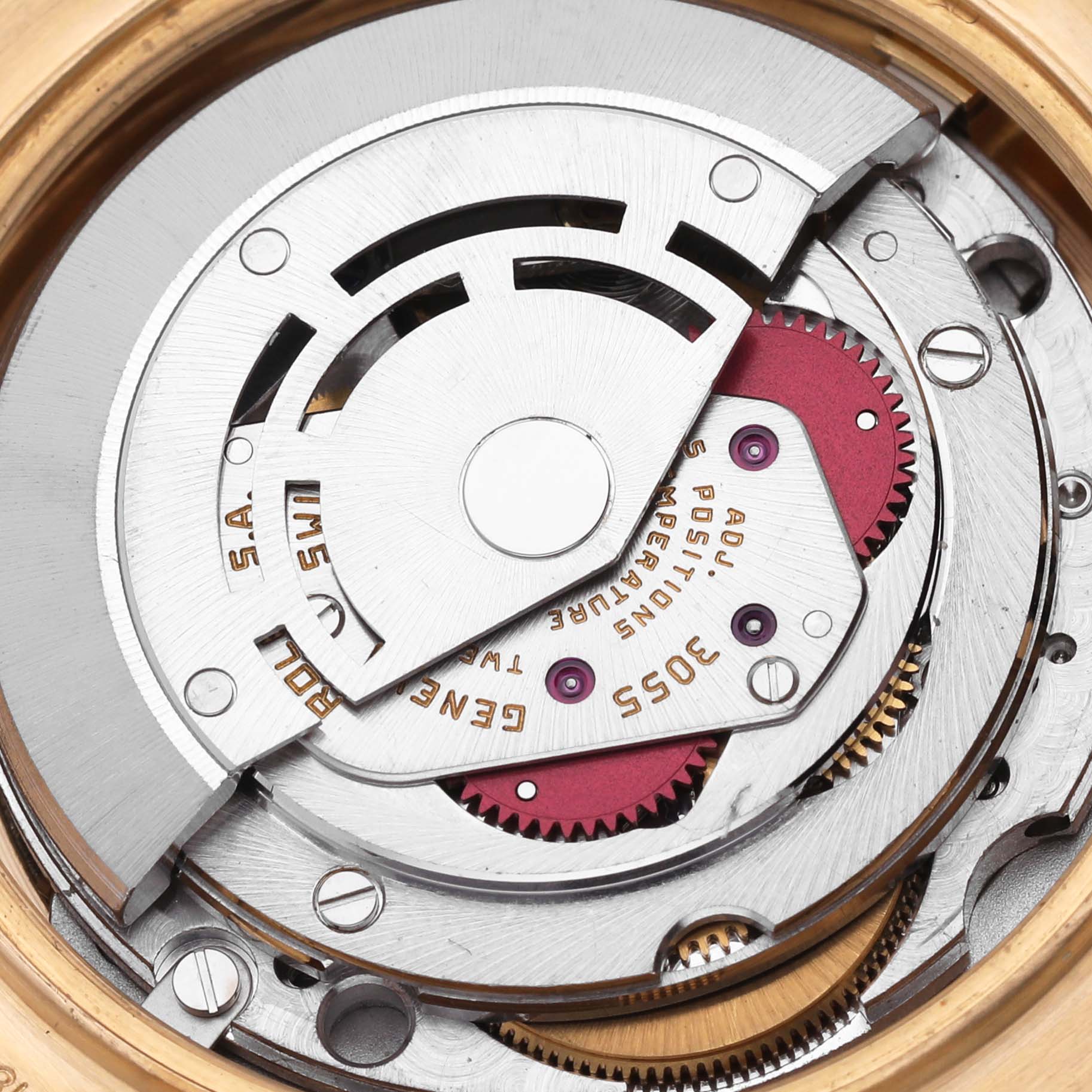The image shows the movement mechanism of a Rolex President 18038 Men
s Yellow Gold Champagne Dial 18038 Men
s Yellow Gold Champagne Dial model from a top-down angle.