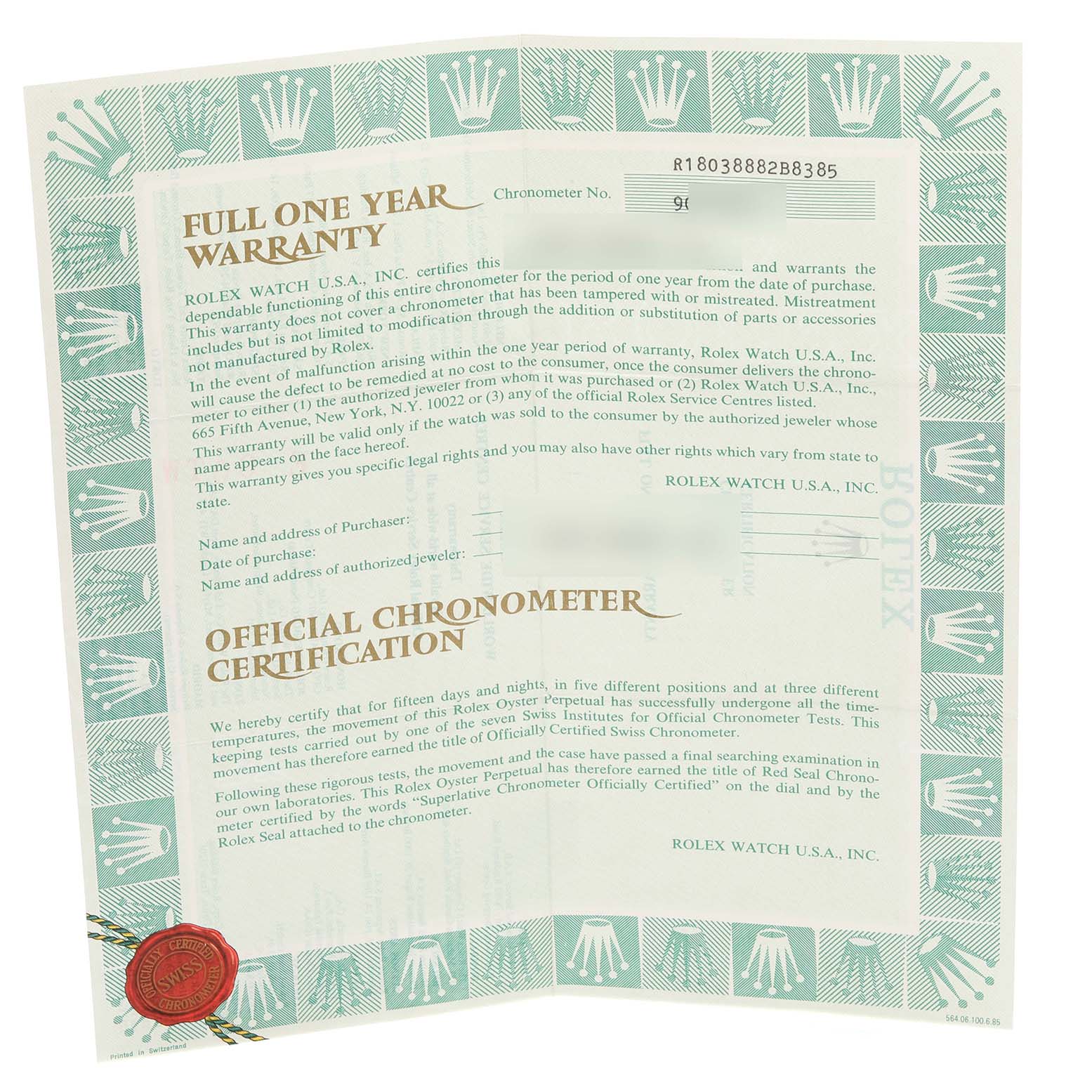 The image shows a warranty and certification document for the Rolex President 18038 Men
s Yellow Gold Champagne Dial 18038 Men
s Yellow Gold Champagne Dial model, not the watch itself.