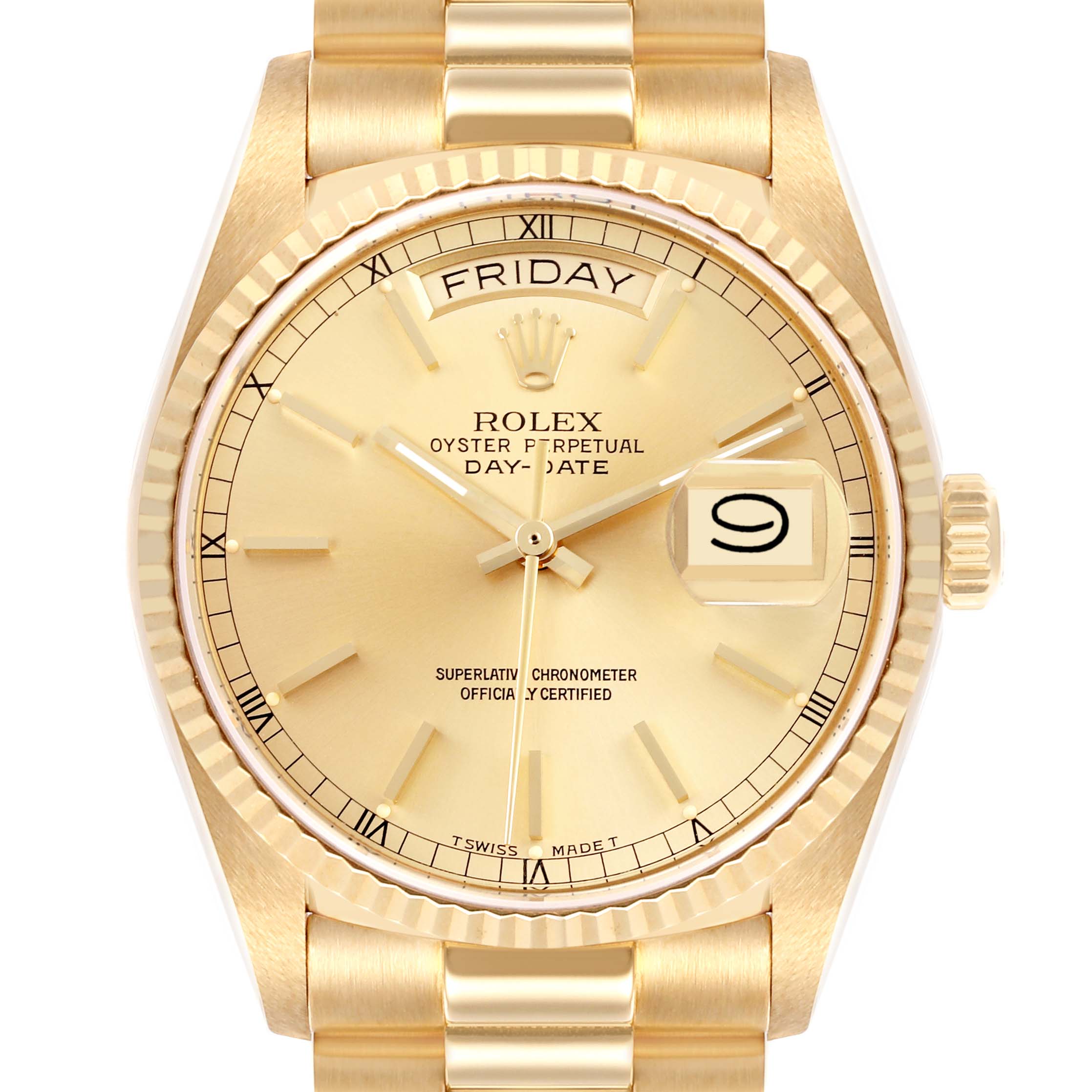 The Rolex President 18038 Men
s Yellow Gold Champagne Dial 18038 Men
s Yellow Gold Champagne Dial model is shown from the front, displaying the dial, hands, day, date, and part of the bracelet.