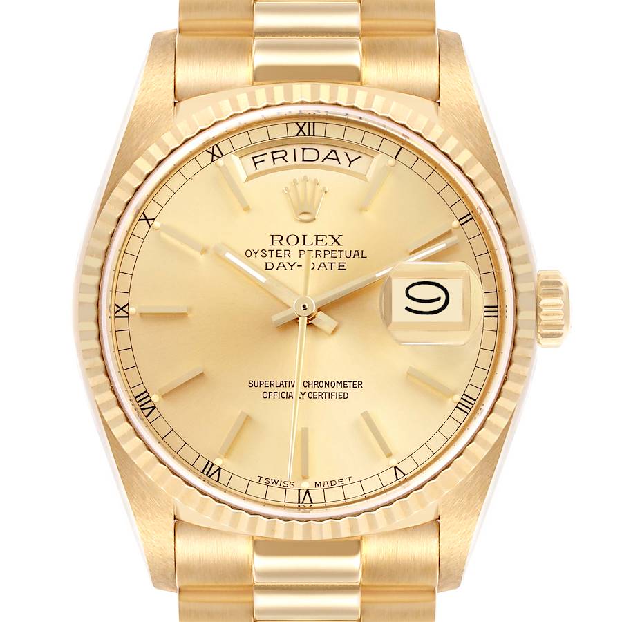 Rolex President Day-Date Yellow Gold Champagne Dial Mens Watch 18038 Box Papers SwissWatchExpo