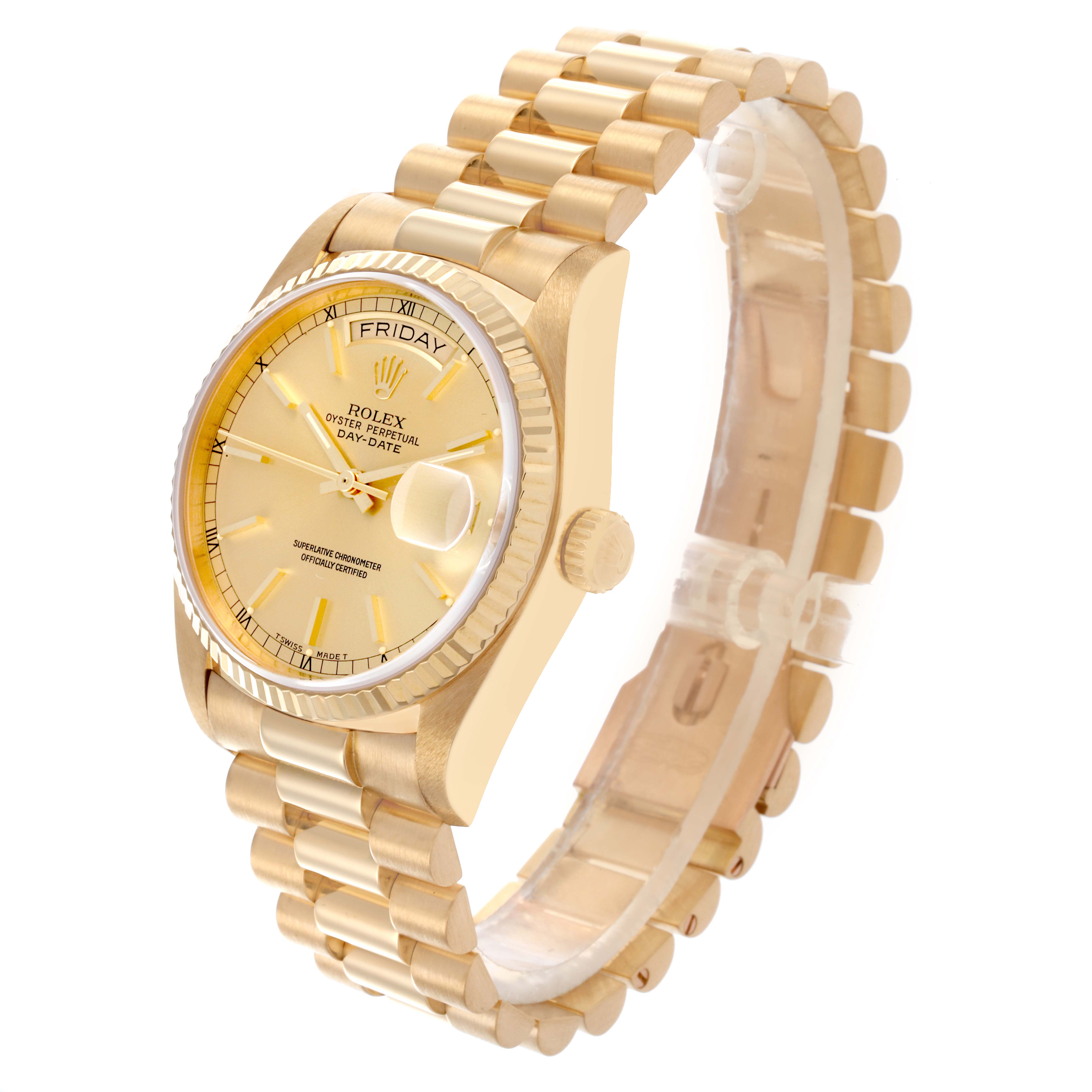 The Rolex President 18038 Men
s Yellow Gold Champagne Dial 18038 Men
s Yellow Gold Champagne Dial watch is shown at a three-quarter angle, highlighting its case, dial, crown, and bracelet.