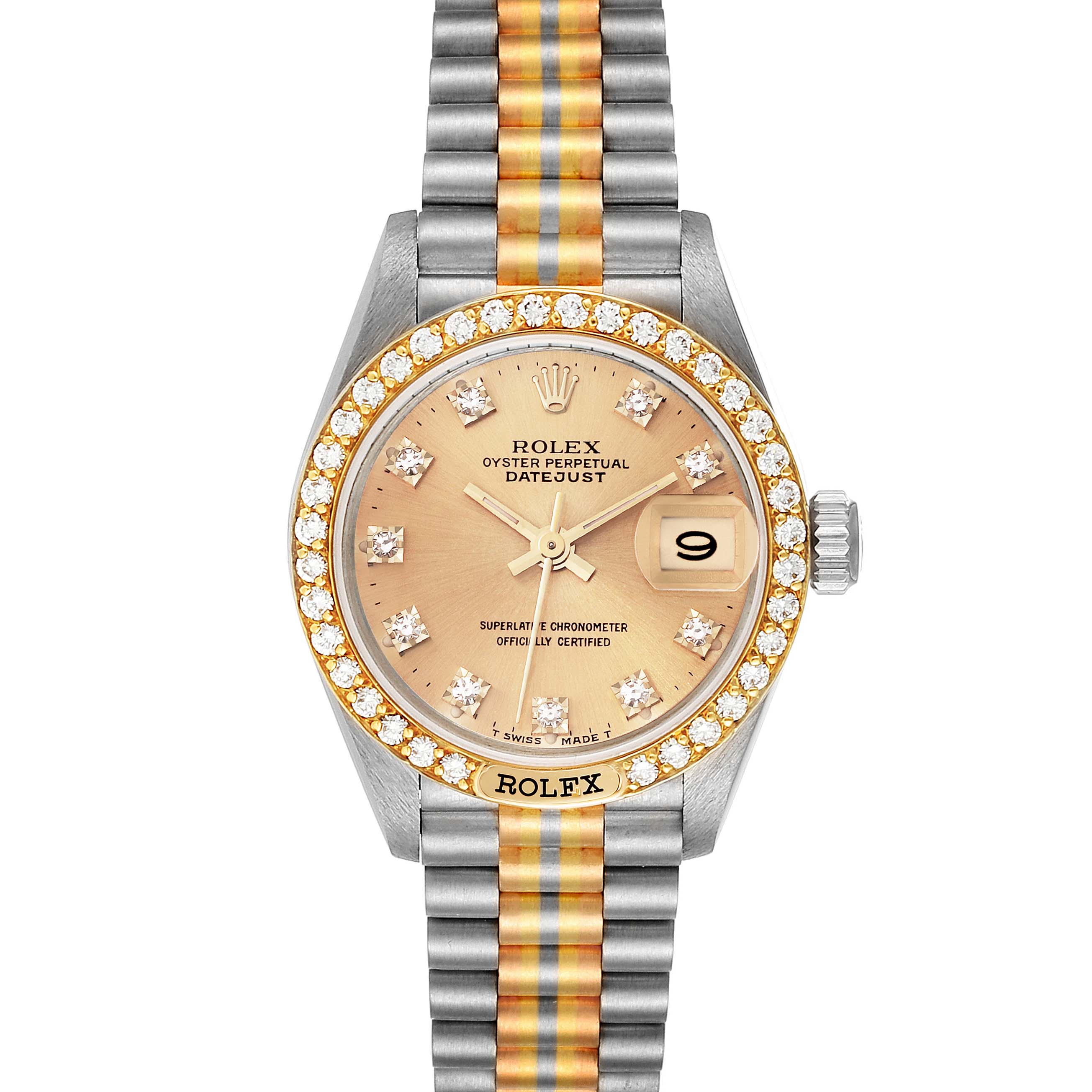 The Rolex President 69149 Women's White Gold Champagne Dial model is shown from the front, highlighting the dial, bezel, bracelet, and date magnifier.