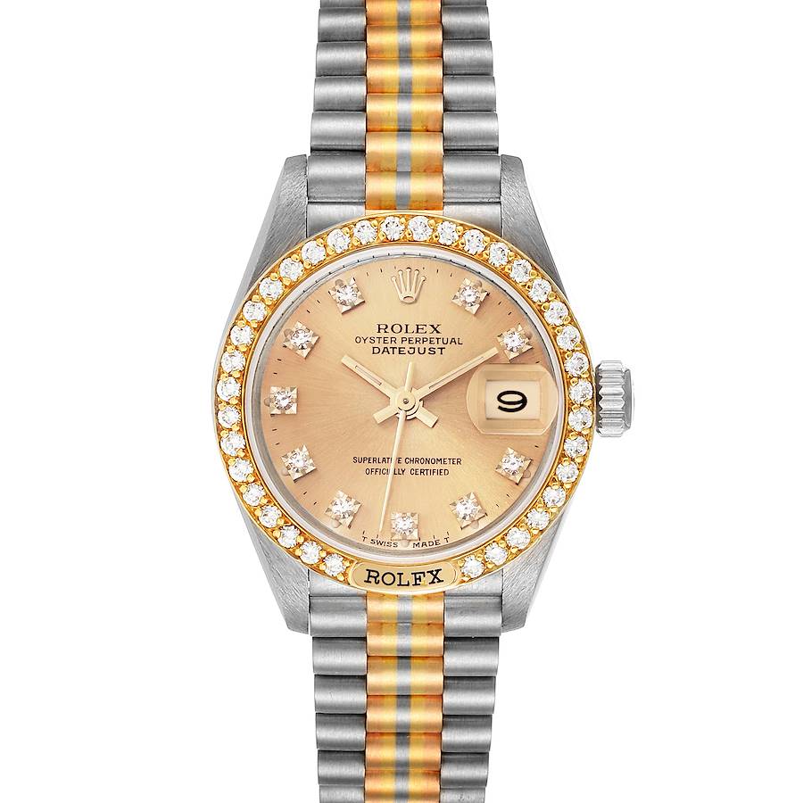 The Rolex President 69149 Women's White Gold Champagne Dial model is shown from the front, highlighting the dial, bezel, bracelet, and date magnifier.