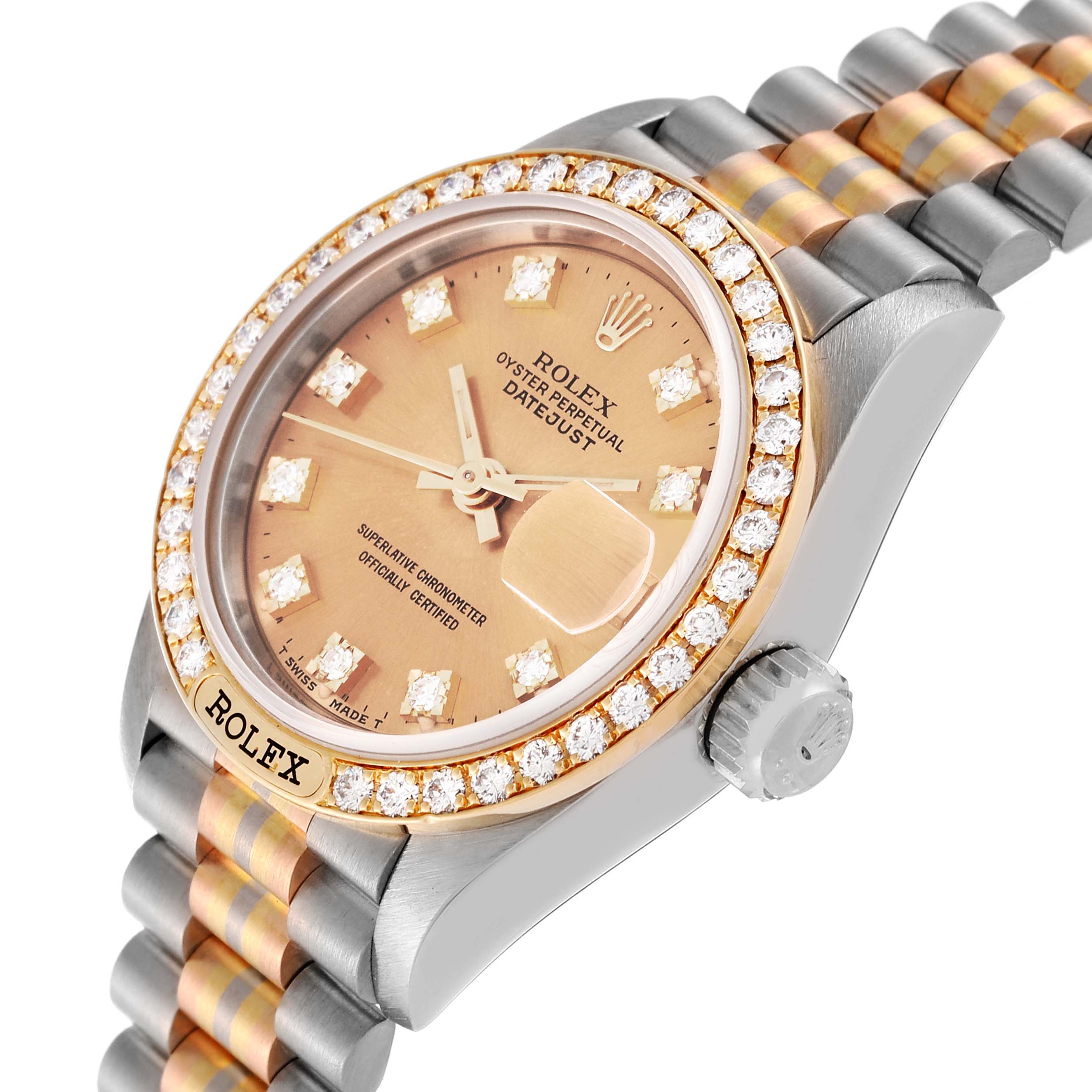 The Rolex President 69149 Women's White Gold Champagne Dial model watch is shown at a three-quarter angle, highlighting the bezel, crown, and part of the bracelet.