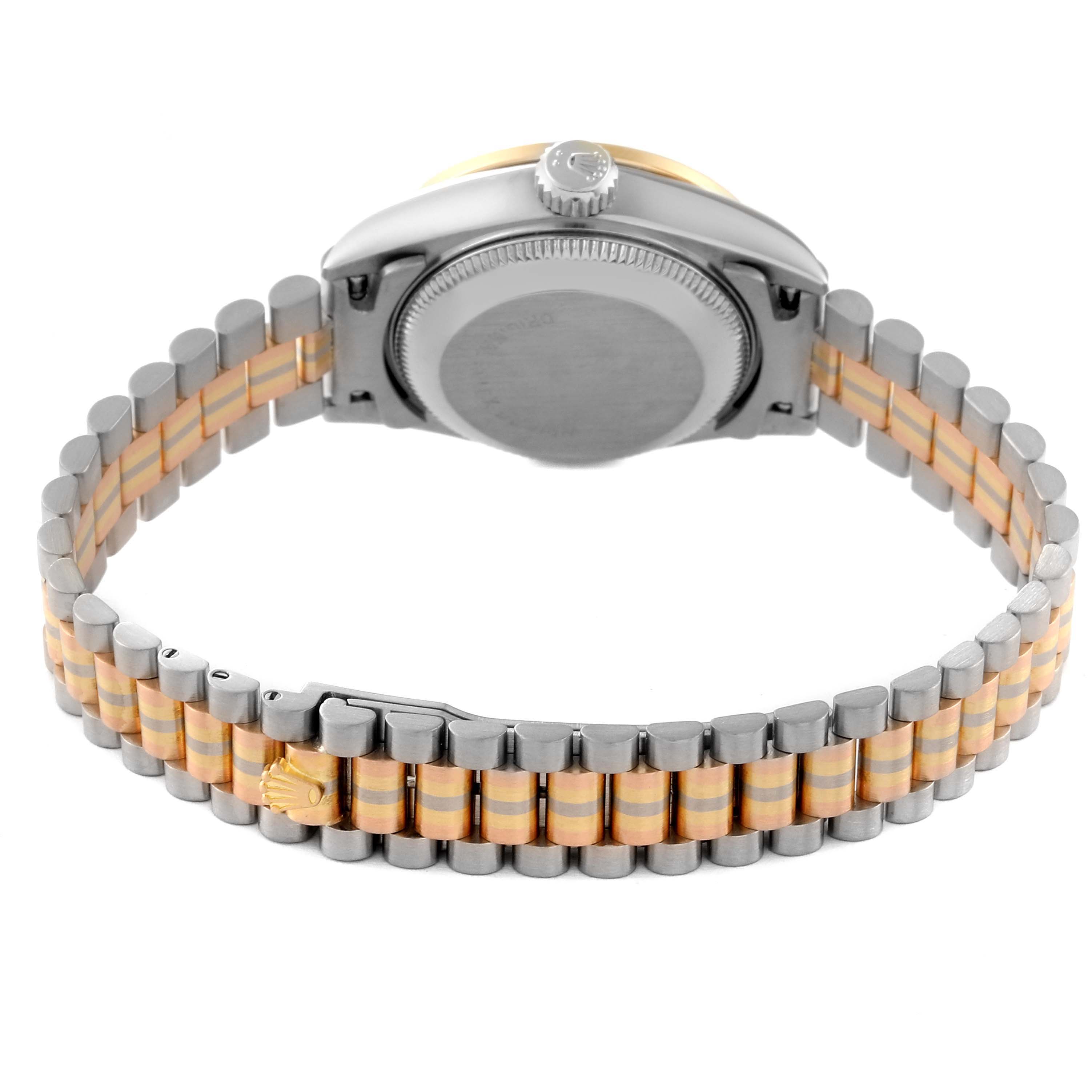 The image shows the back of a Rolex President 69149 Women's White Gold Champagne Dial watch, highlighting the case back, crown, and jubilee bracelet with a clasp.