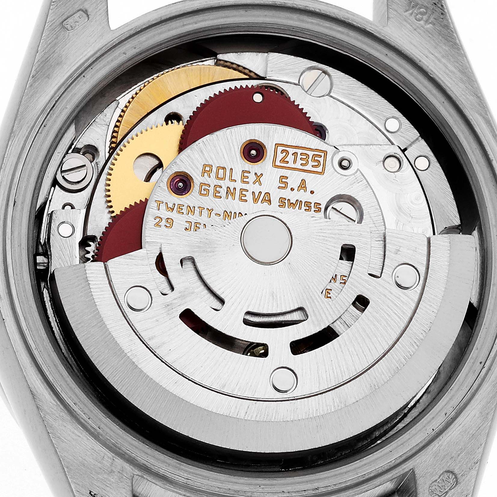 The image shows the inner movement mechanism of a Rolex President 69149 Women's White Gold Champagne Dial watch from a top-down angle.