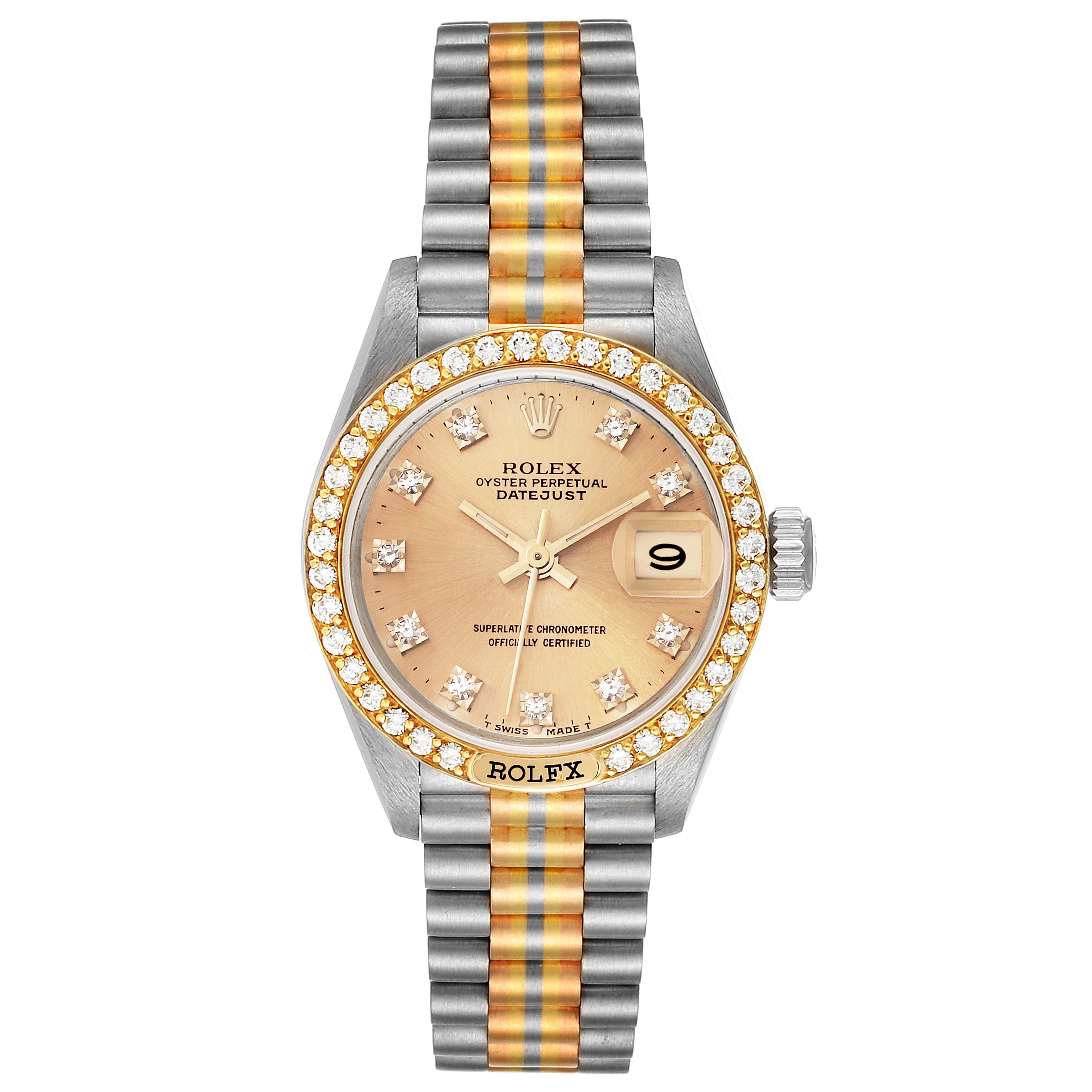 The Rolex President 69149 Women's White Gold Champagne Dial model is shown from the front, featuring a diamond bezel, gold dial, and two-tone bracelet.