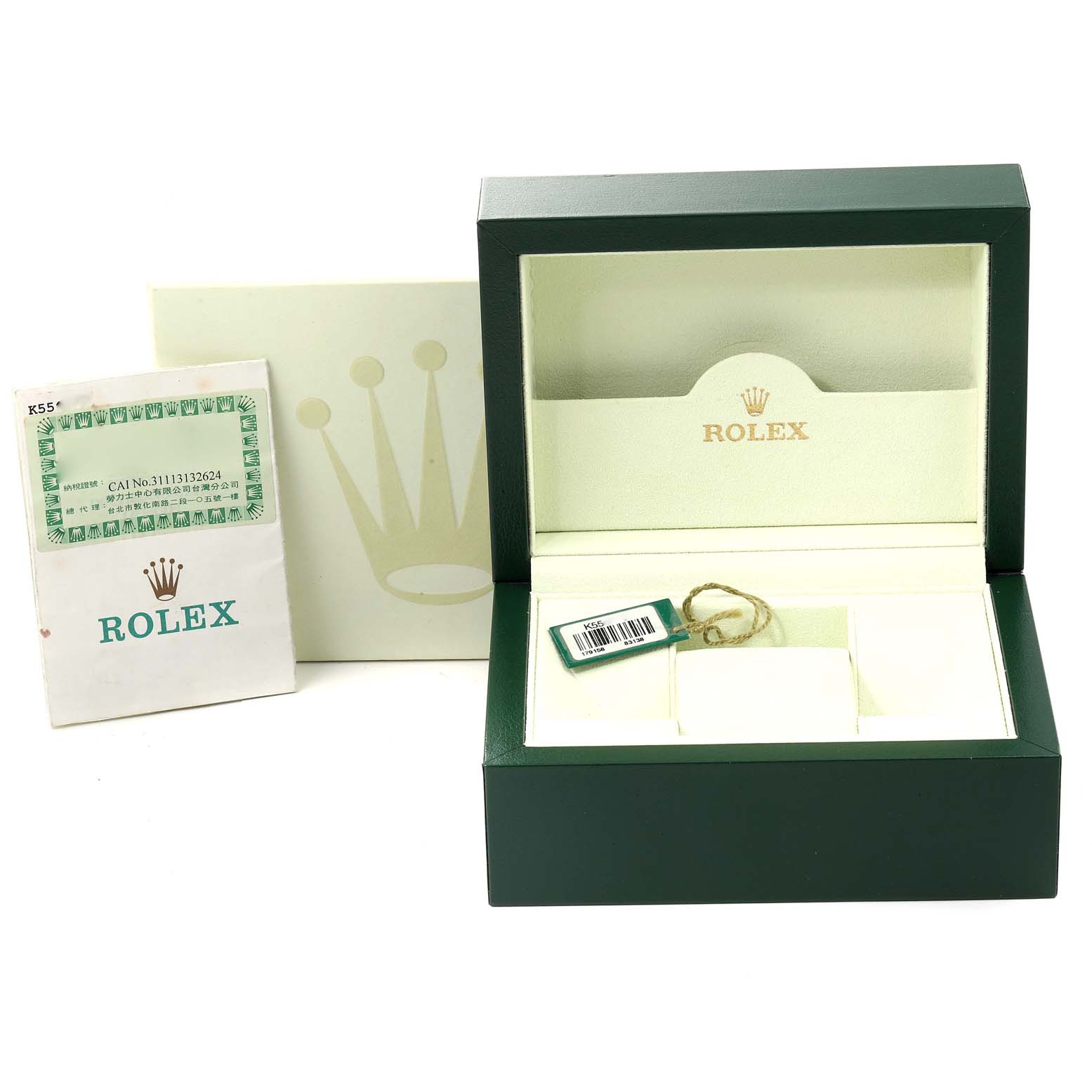 The image shows the packaging and accessories, including a card and tag, for a Rolex President 179158 Women's Yellow Gold Champagne Dial 179158 Women's Yellow Gold Champagne Dial model watch.