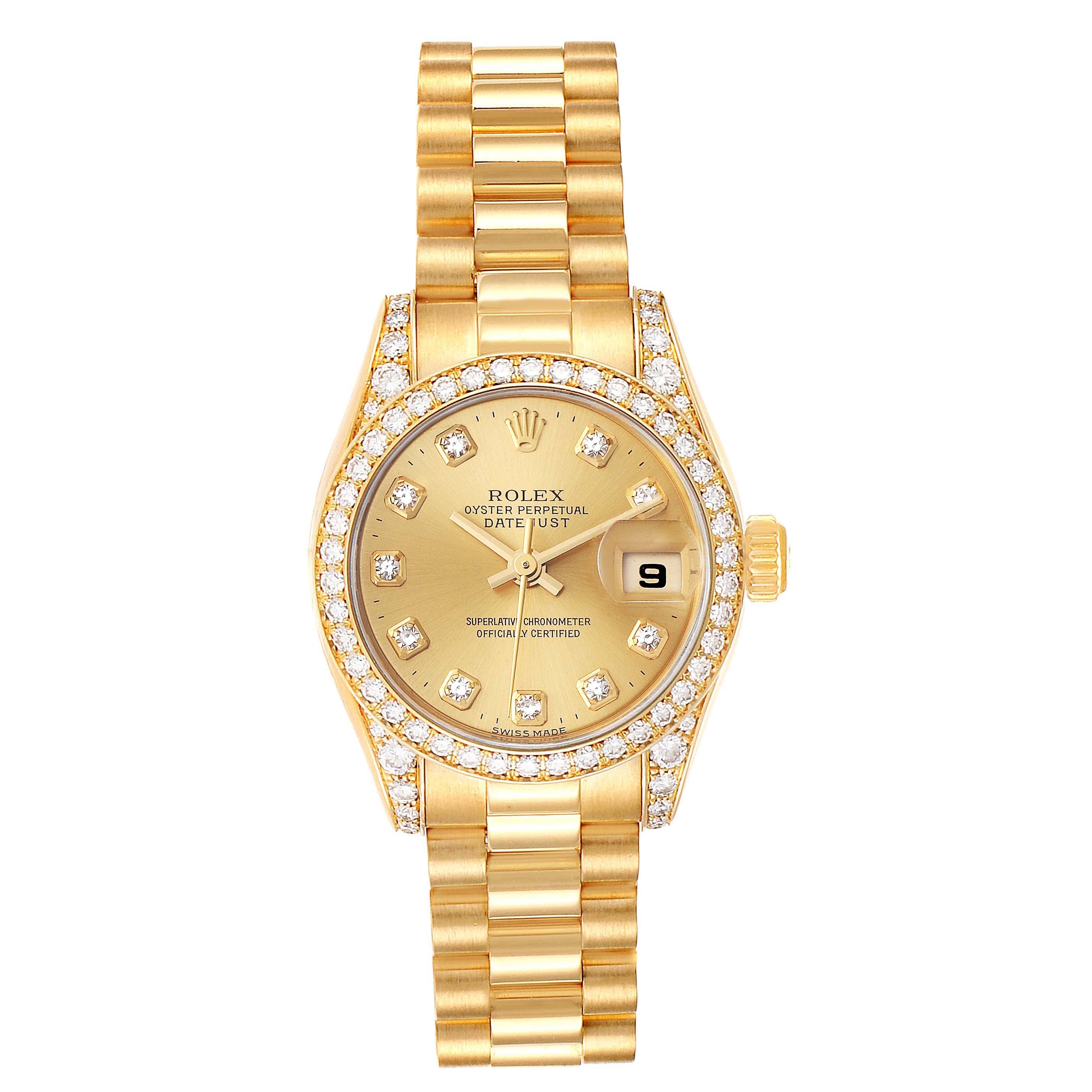 This image shows a Rolex President 179158 Women's Yellow Gold Champagne Dial 179158 Women's Yellow Gold Champagne Dial model watch with a gold bracelet, diamond accents, and a date display at 3 o'clock.
