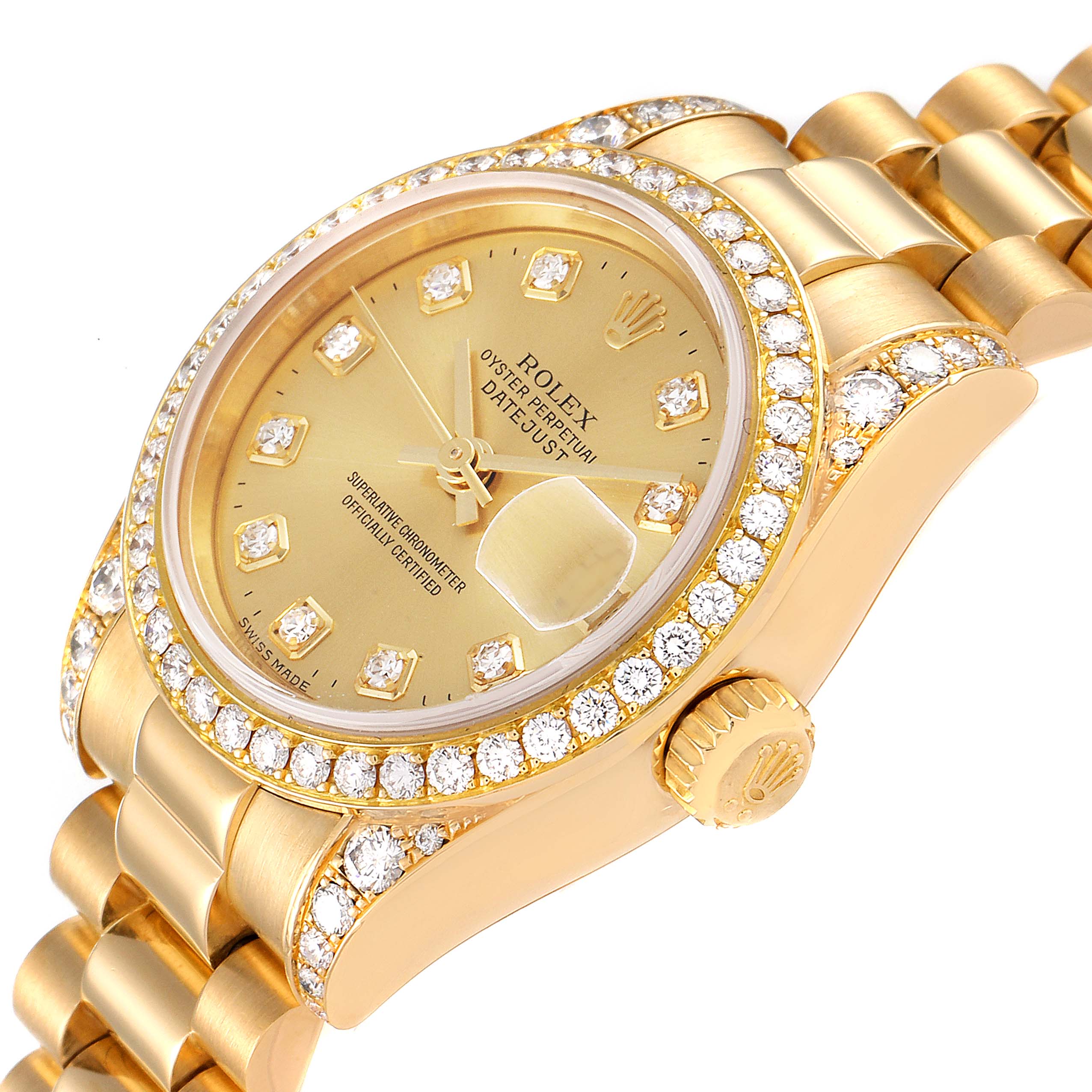 The image shows a close-up side view of the Rolex President 179158 Women's Yellow Gold Champagne Dial 179158 Women's Yellow Gold Champagne Dial model, highlighting the face, bezel, crown, and bracelet.
