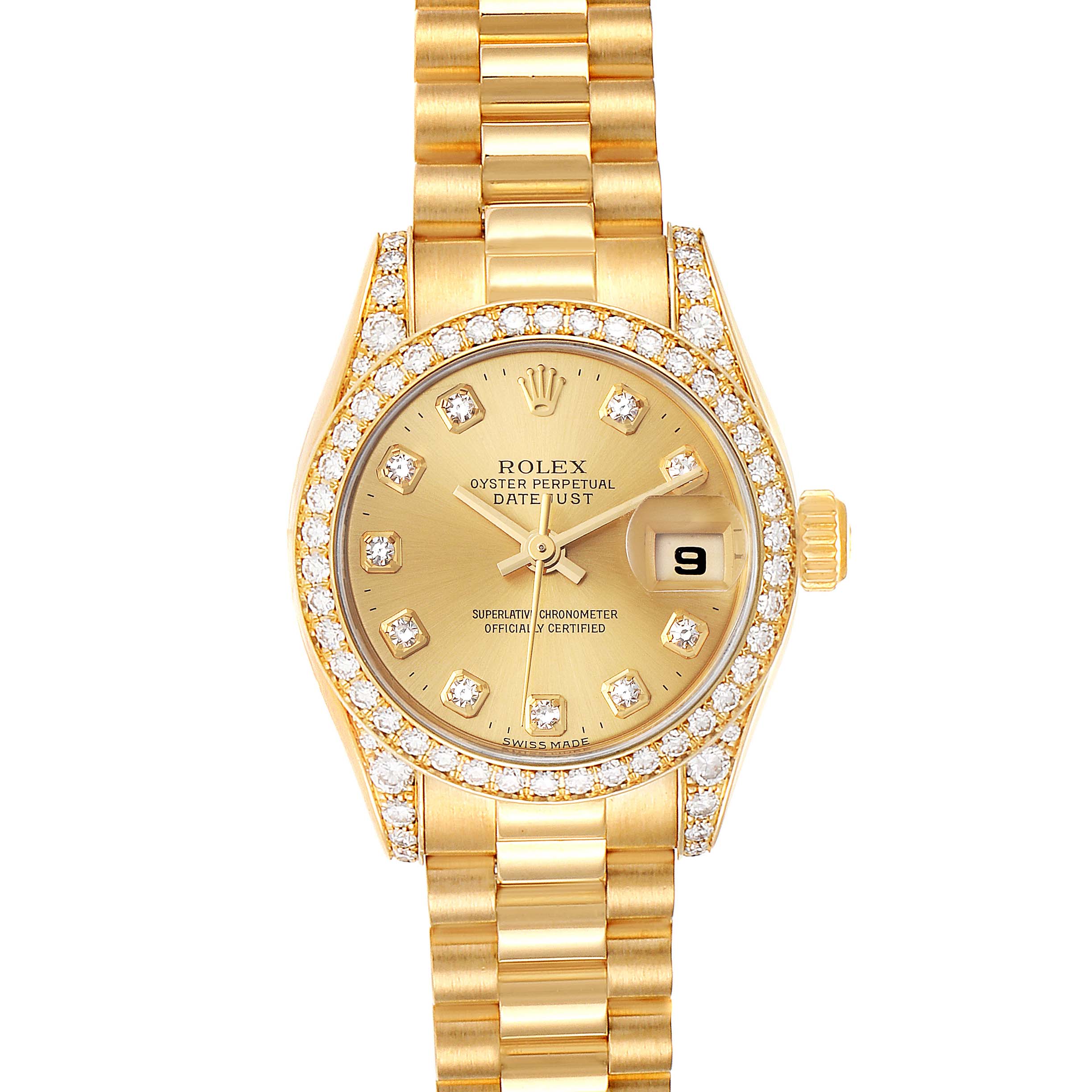 The image shows a front view of the Rolex President 179158 Women's Yellow Gold Champagne Dial 179158 Women's Yellow Gold Champagne Dial model watch, highlighting the dial, bezel, and bracelet.