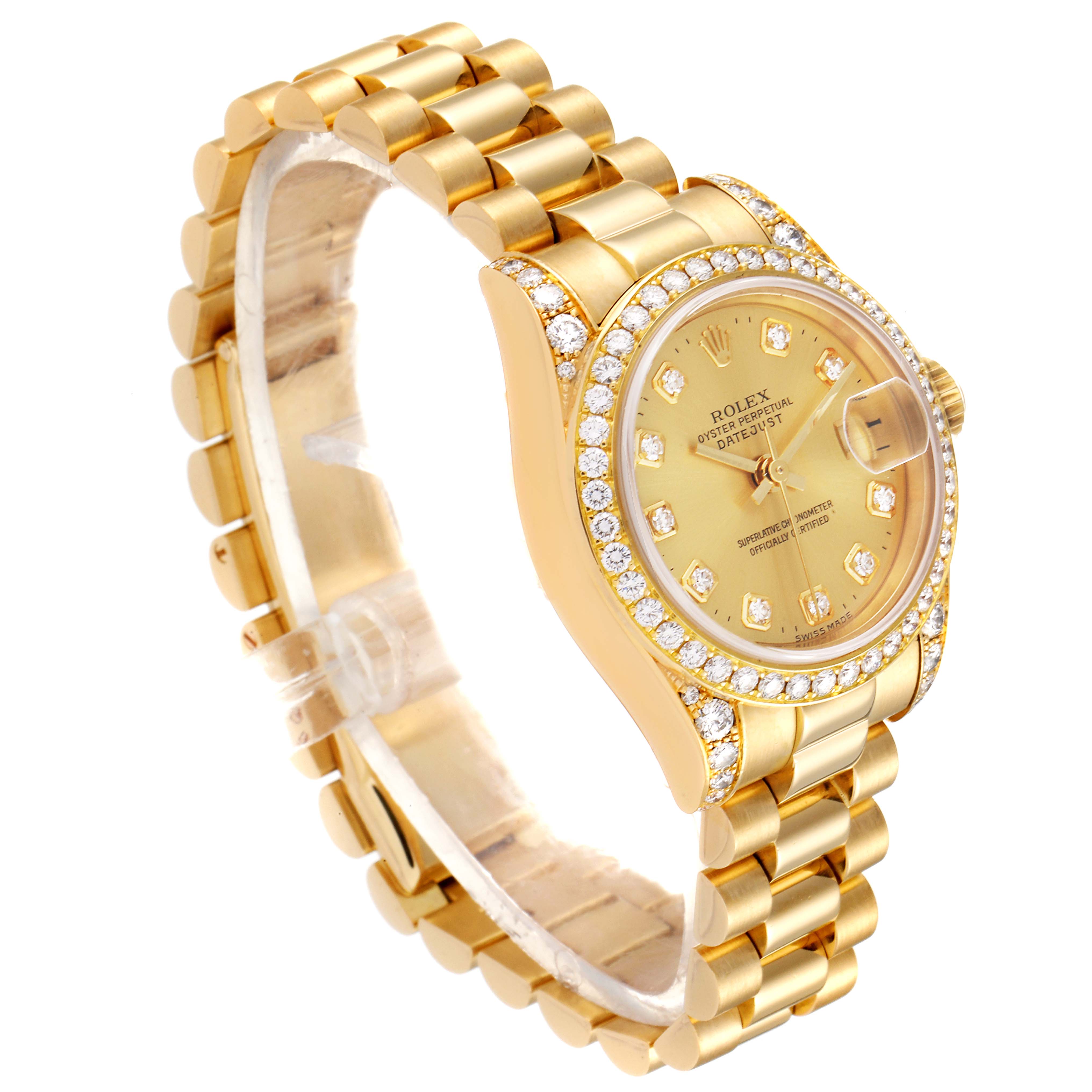 This image shows a Rolex President 179158 Women's Yellow Gold Champagne Dial 179158 Women's Yellow Gold Champagne Dial model watch at an angle highlighting its gold band, diamond-studded bezel, and dial.