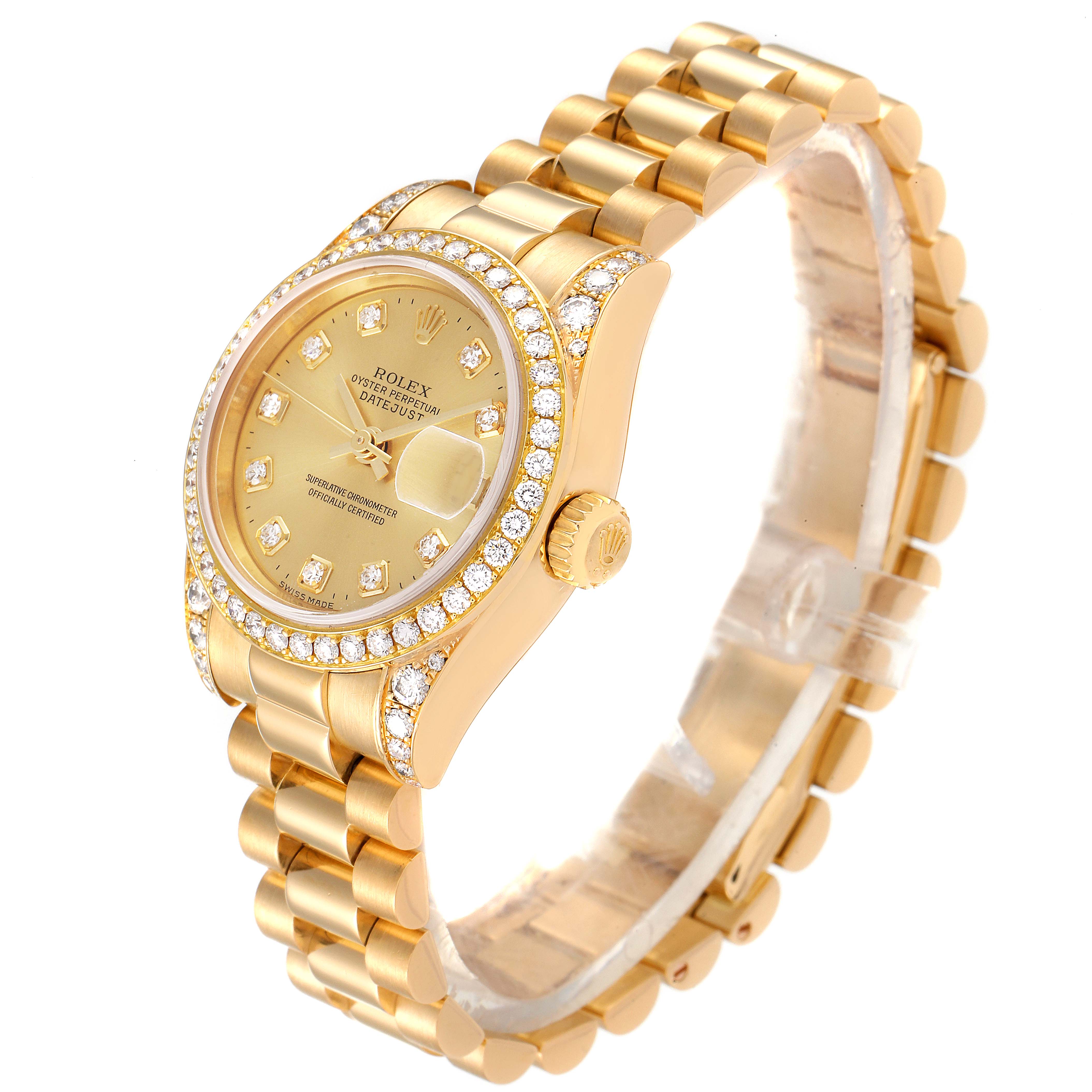The Rolex President 179158 Women's Yellow Gold Champagne Dial 179158 Women's Yellow Gold Champagne Dial watch is shown at a 3/4 angle highlighting its gold bracelet, diamond bezel, and face.