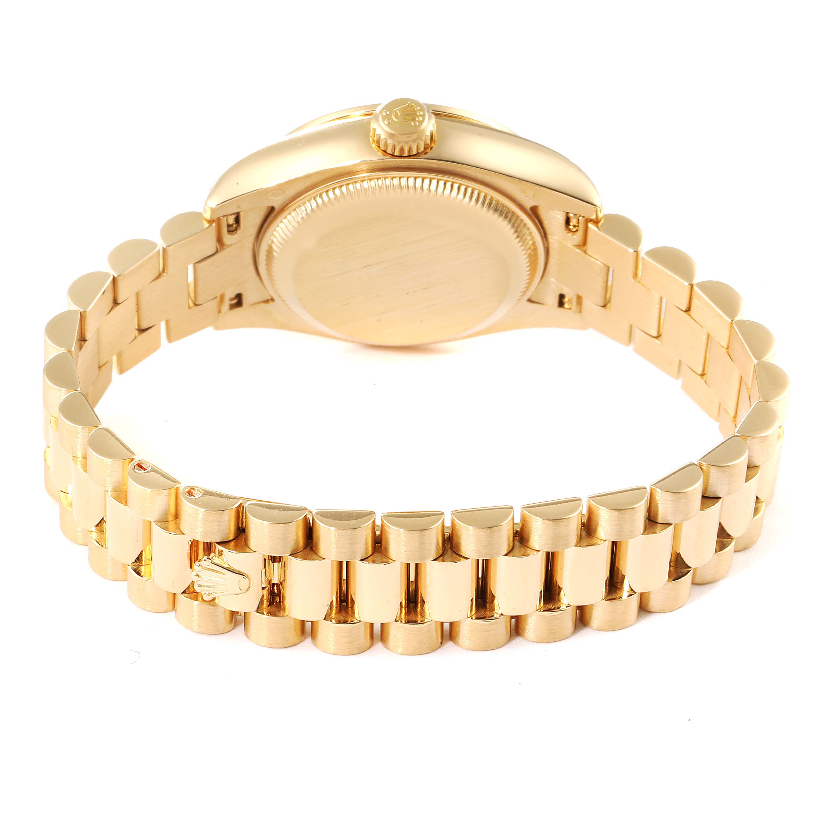 This image showcases the back and bracelet of a Rolex President 179158 Women's Yellow Gold Champagne Dial 179158 Women's Yellow Gold Champagne Dial model watch from a rear angle.