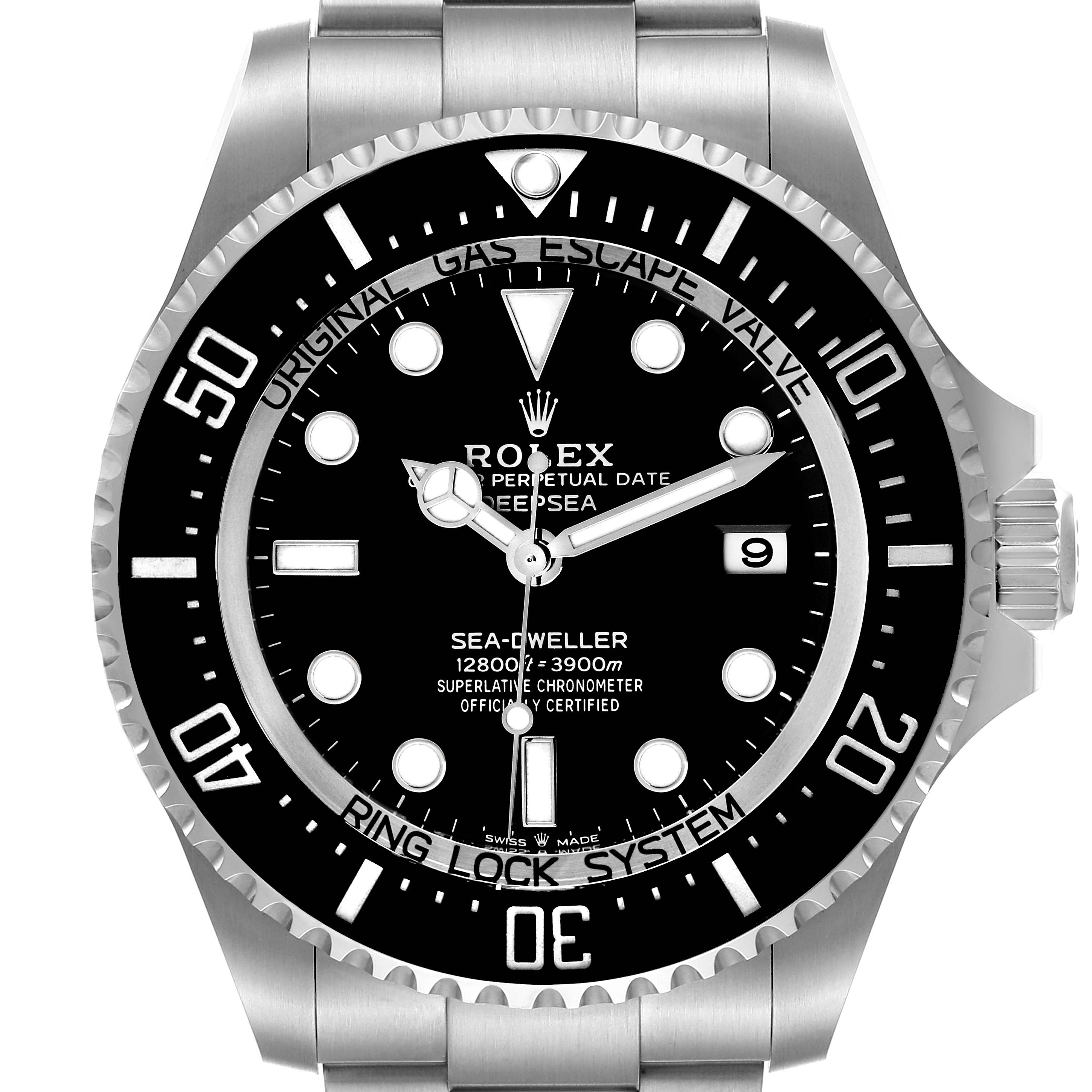The image shows a front view of the Rolex Sea-Dweller 136660 Men's Stainless Steel Black Dial 136660 Men's Stainless Steel Black Dial with dial, bezel, and part of the bracelet visible.