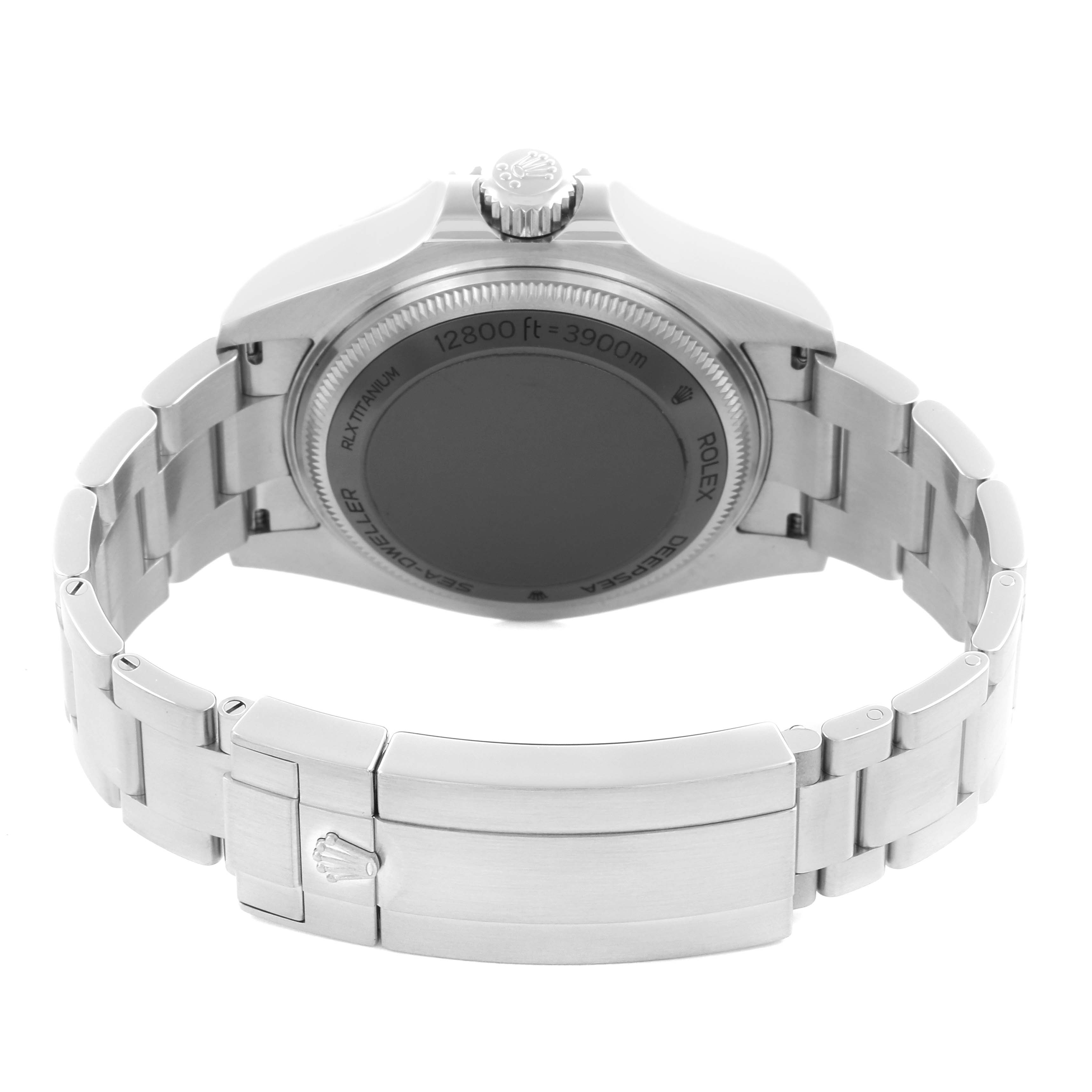 The image shows the back view of a Rolex Sea-Dweller 136660 Men's Stainless Steel Black Dial 136660 Men's Stainless Steel Black Dial, highlighting its case back and bracelet clasp.