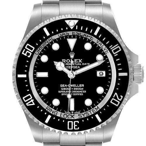 The Rolex Sea-Dweller watch is shown from a front angle, displaying the dial, bezel, and part of the bracelet.