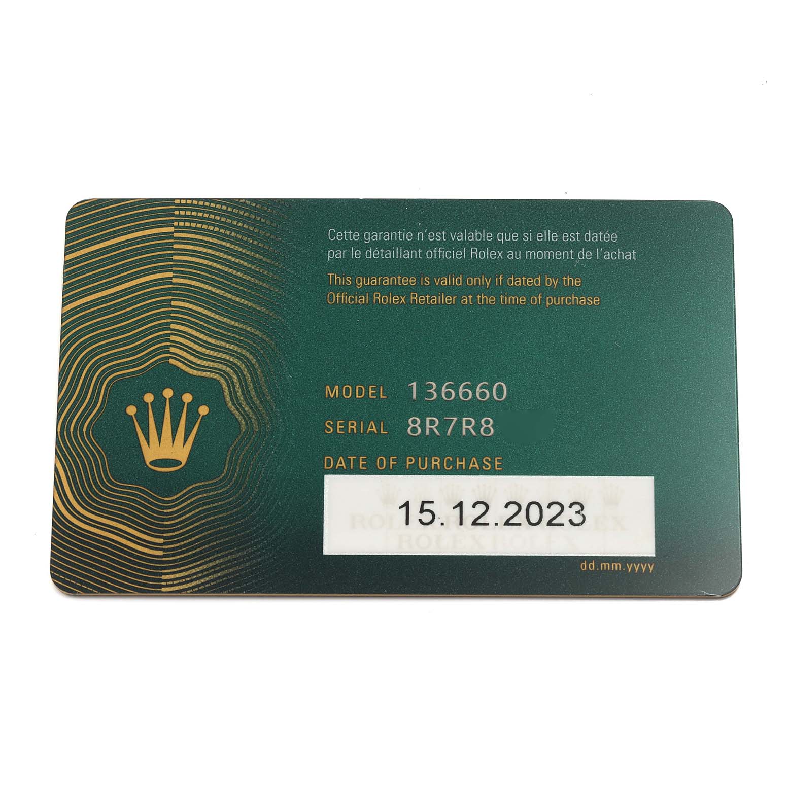 The image shows a warranty card for the Rolex Sea-Dweller 136660 Men's Stainless Steel Black Dial 136660 Men's Stainless Steel Black Dial model 136660.