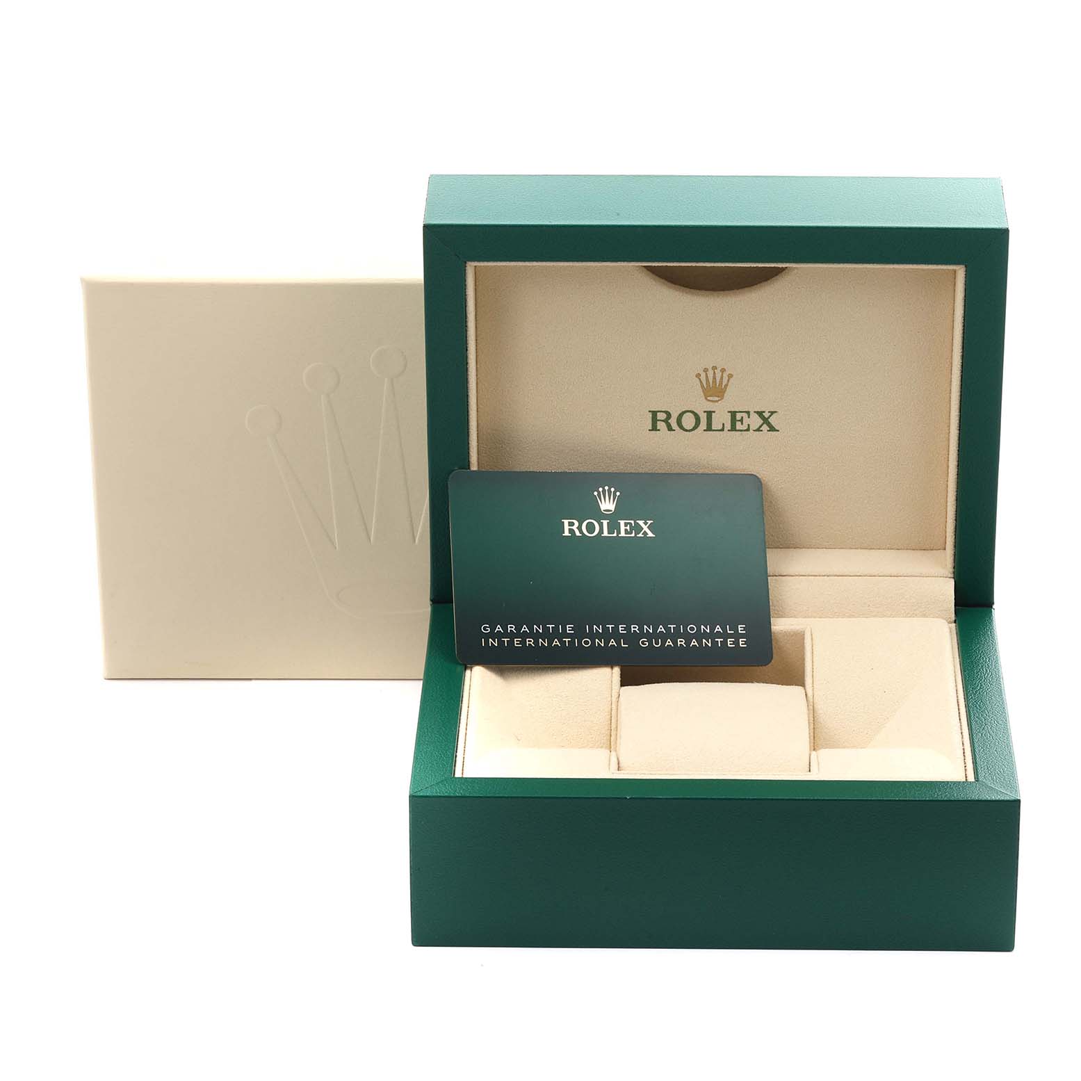The image shows a Rolex Sea-Dweller 136660 Men's Stainless Steel Black Dial 136660 Men's Stainless Steel Black Dial box, with an open lid and an international guarantee card inside.