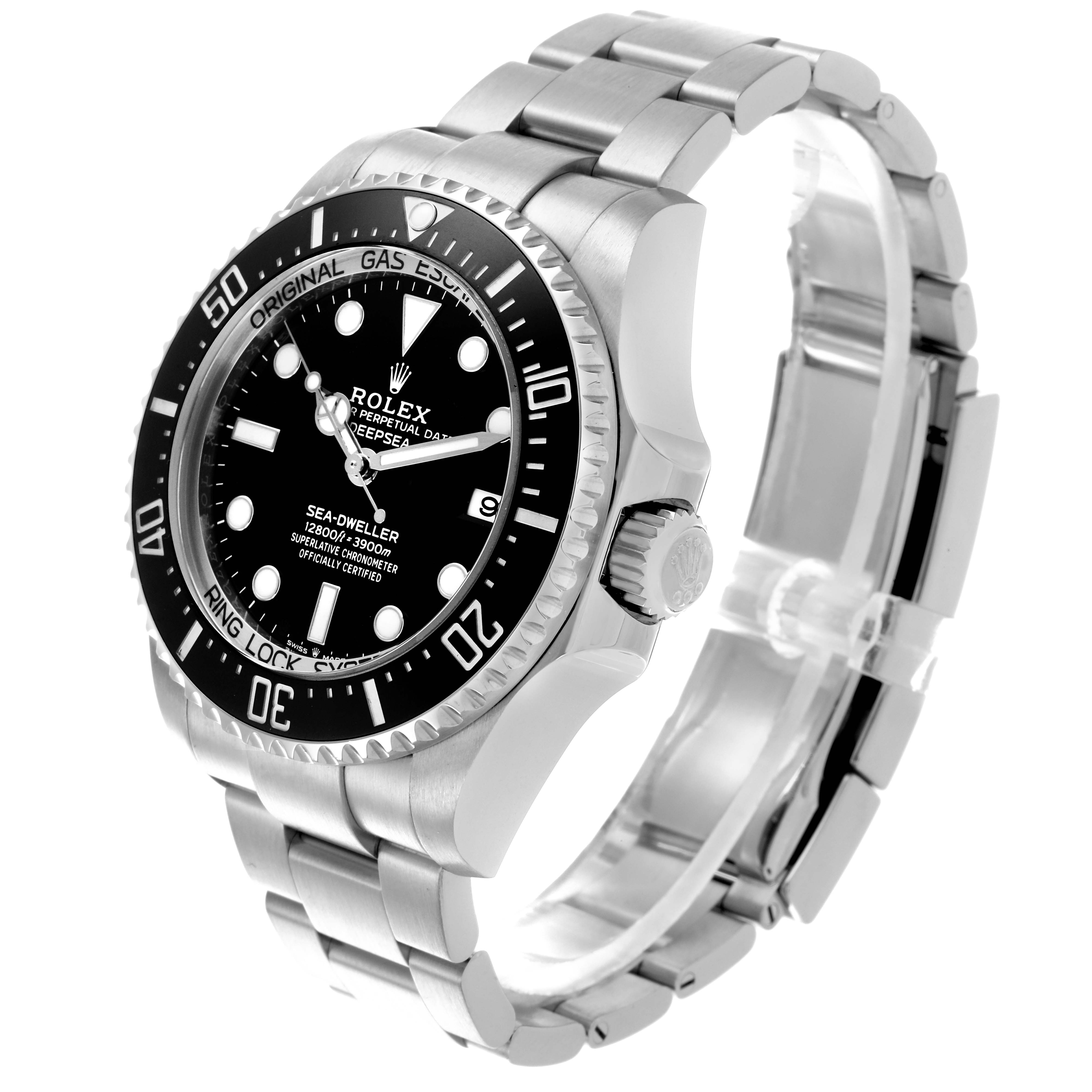 The Rolex Sea-Dweller 136660 Men's Stainless Steel Black Dial 136660 Men's Stainless Steel Black Dial watch is shown at an angled side view, highlighting the dial, bezel, crown, and bracelet.