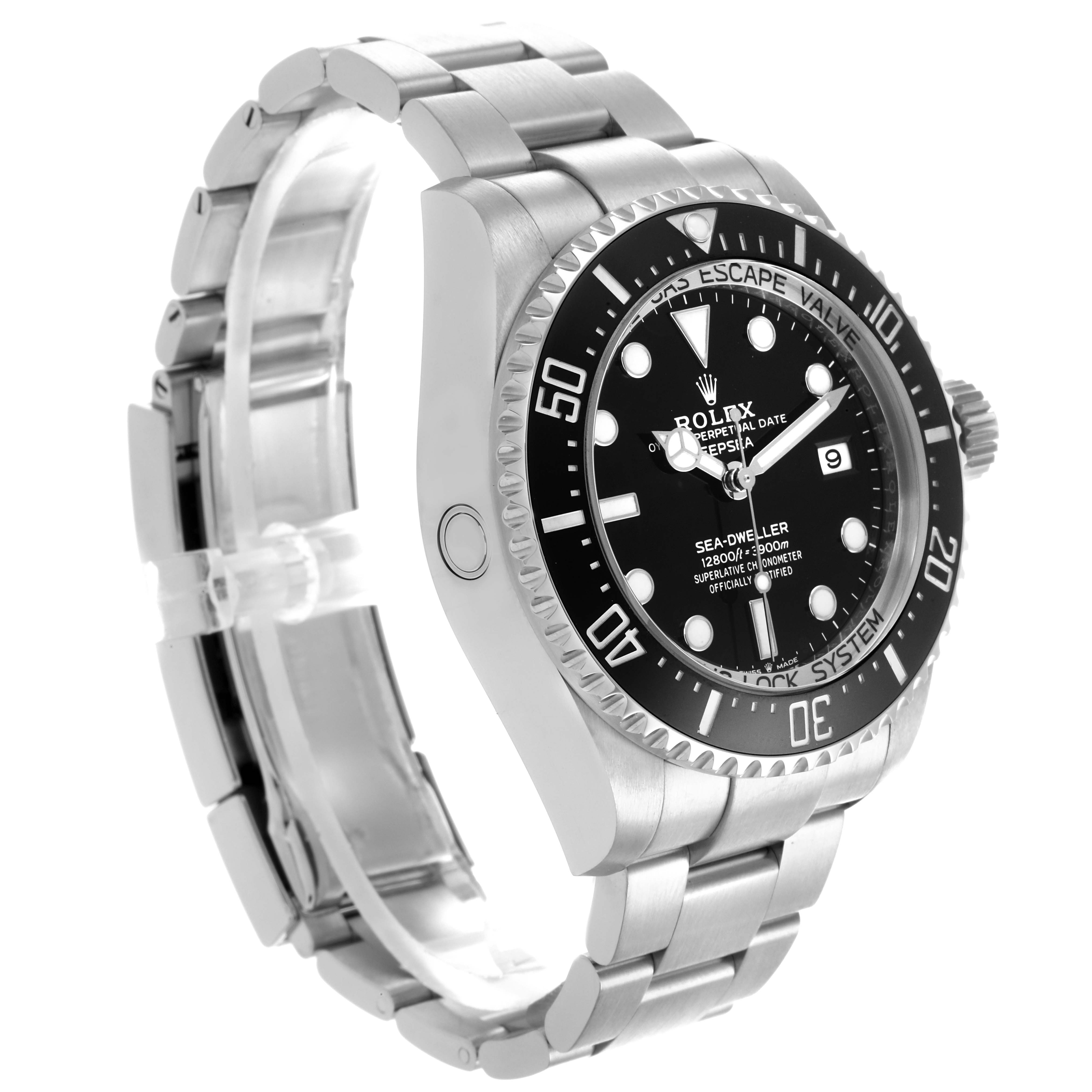 The Rolex Sea-Dweller 136660 Men's Stainless Steel Black Dial 136660 Men's Stainless Steel Black Dial watch is shown from a three-quarter angle, displaying the face, bezel, case, and bracelet.