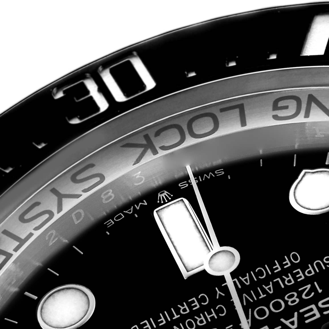 The image shows a close-up of the Rolex Sea-Dweller 126660 Men's Stainless Steel Blue Dial watch with a partial view of the bezel, dial, and hands from an angled perspective.