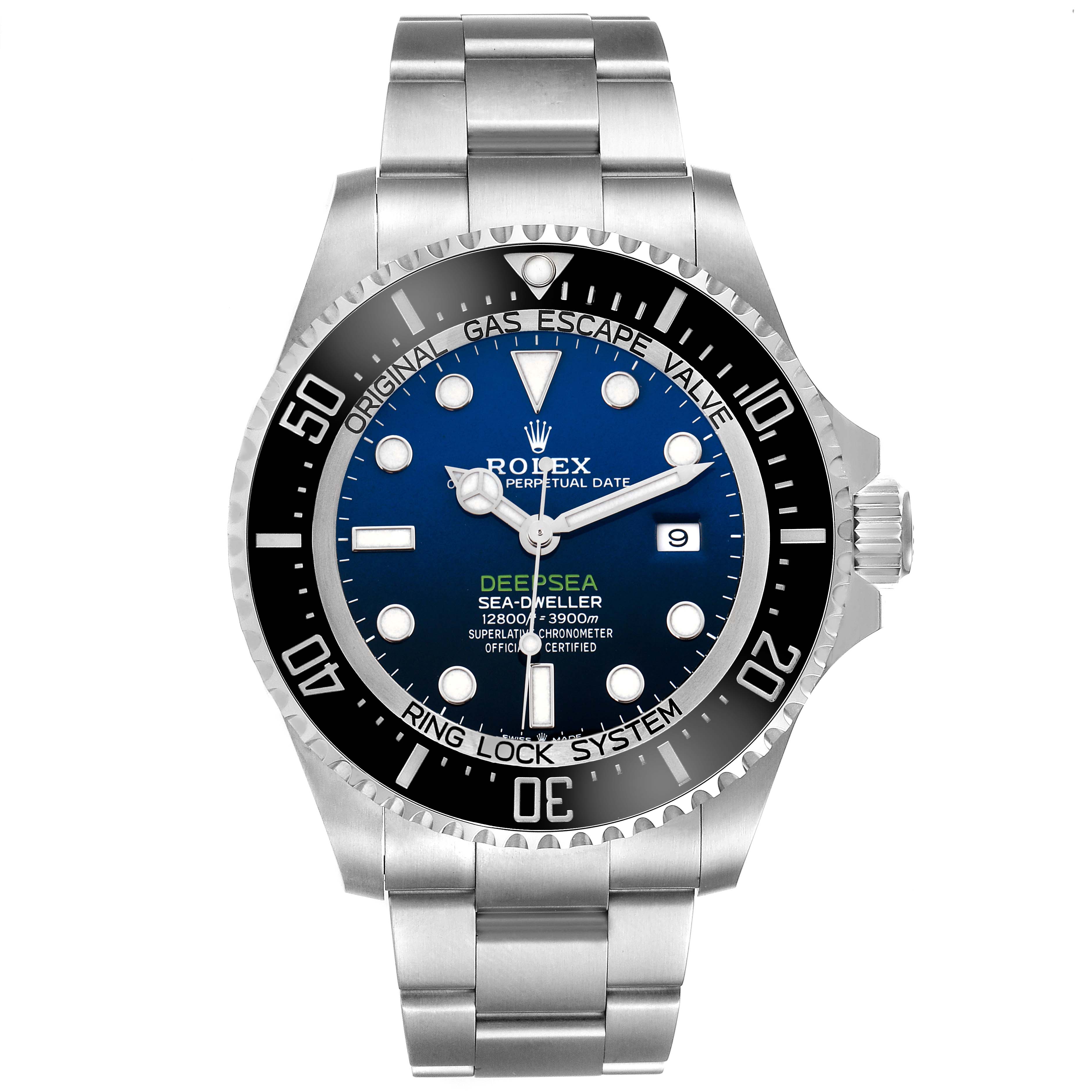 The Rolex Sea-Dweller 126660 Men's Stainless Steel Blue Dial watch is shown from a front angle, displaying the dial, bezel, and bracelet prominently.