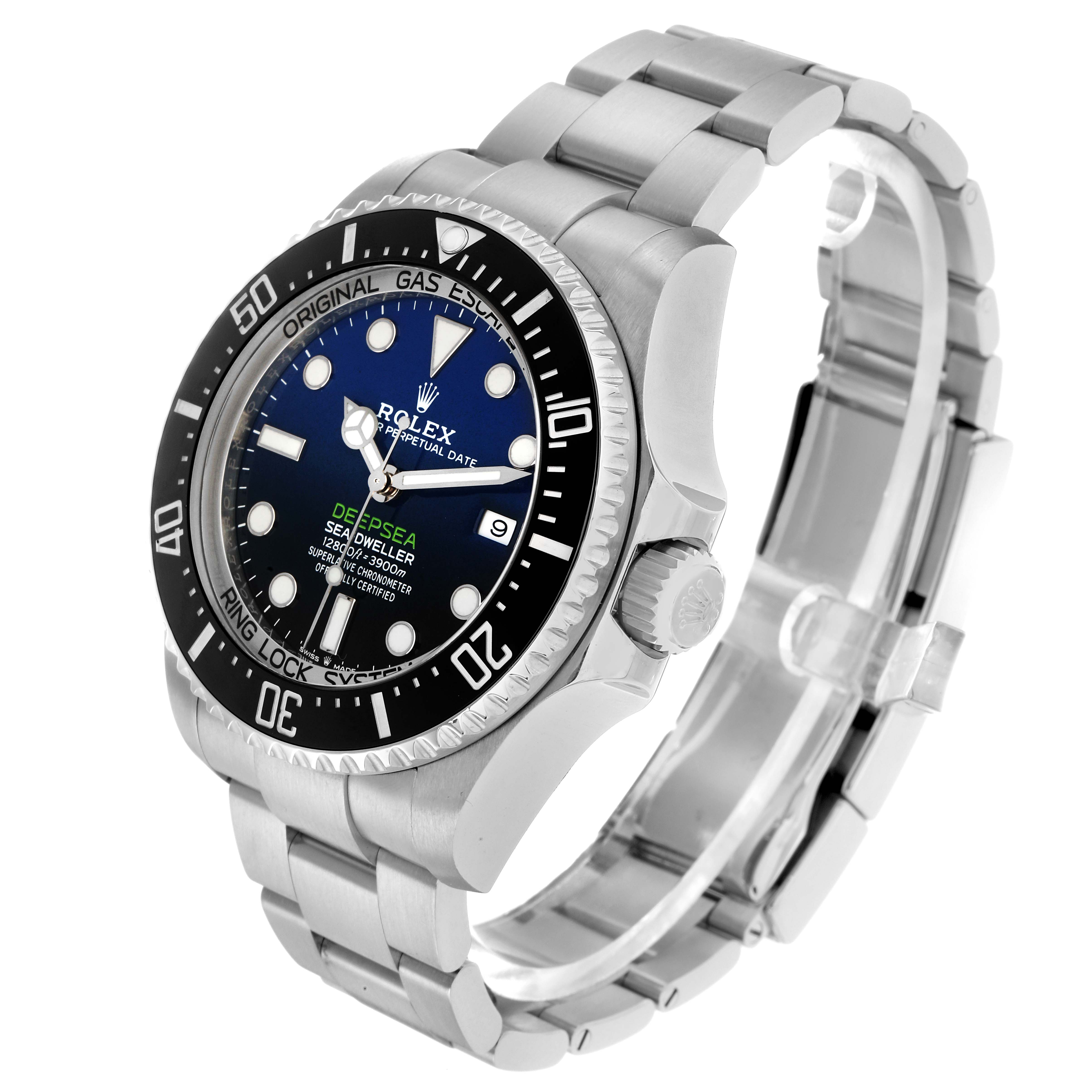 The Rolex Sea-Dweller 126660 Men's Stainless Steel Blue Dial watch is shown at a three-quarter angle, highlighting the dial, bezel, crown, and bracelet.