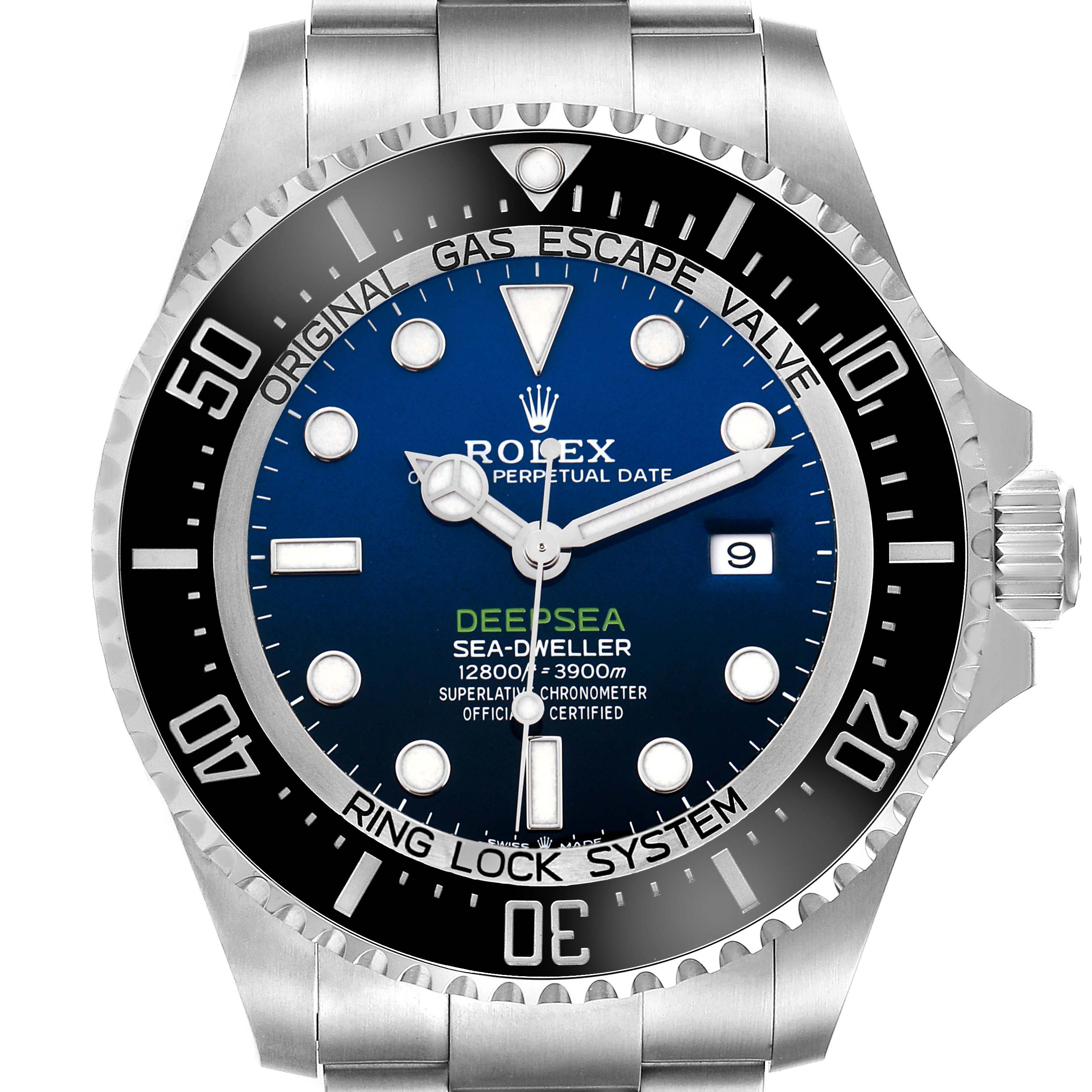 The Rolex Sea-Dweller 126660 Men's Stainless Steel Blue Dial watch is shown from a front angle, displaying its face, bezel, crown, and part of the bracelet.