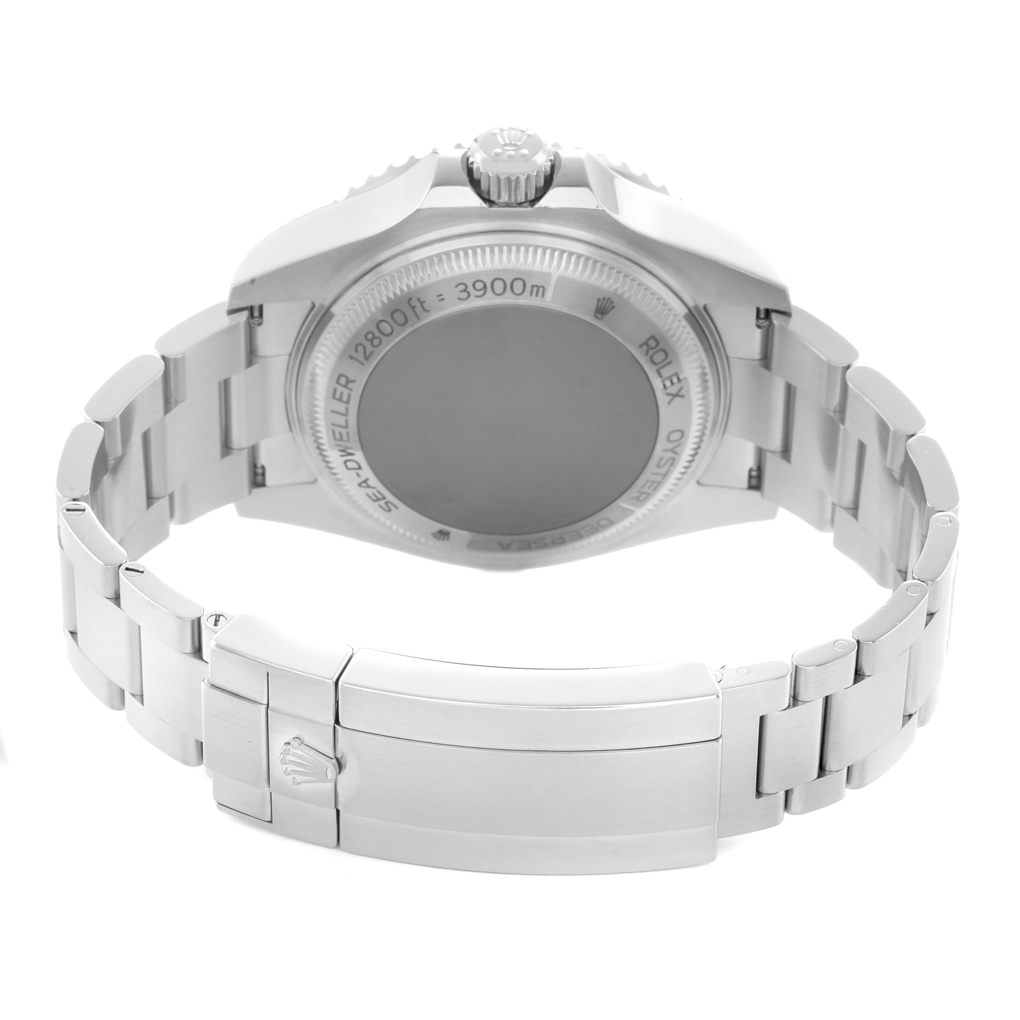 The Rolex Sea-Dweller 126660 Men's Stainless Steel Blue Dial is shown from the back, displaying its case back, crown, and bracelet with a clasp.